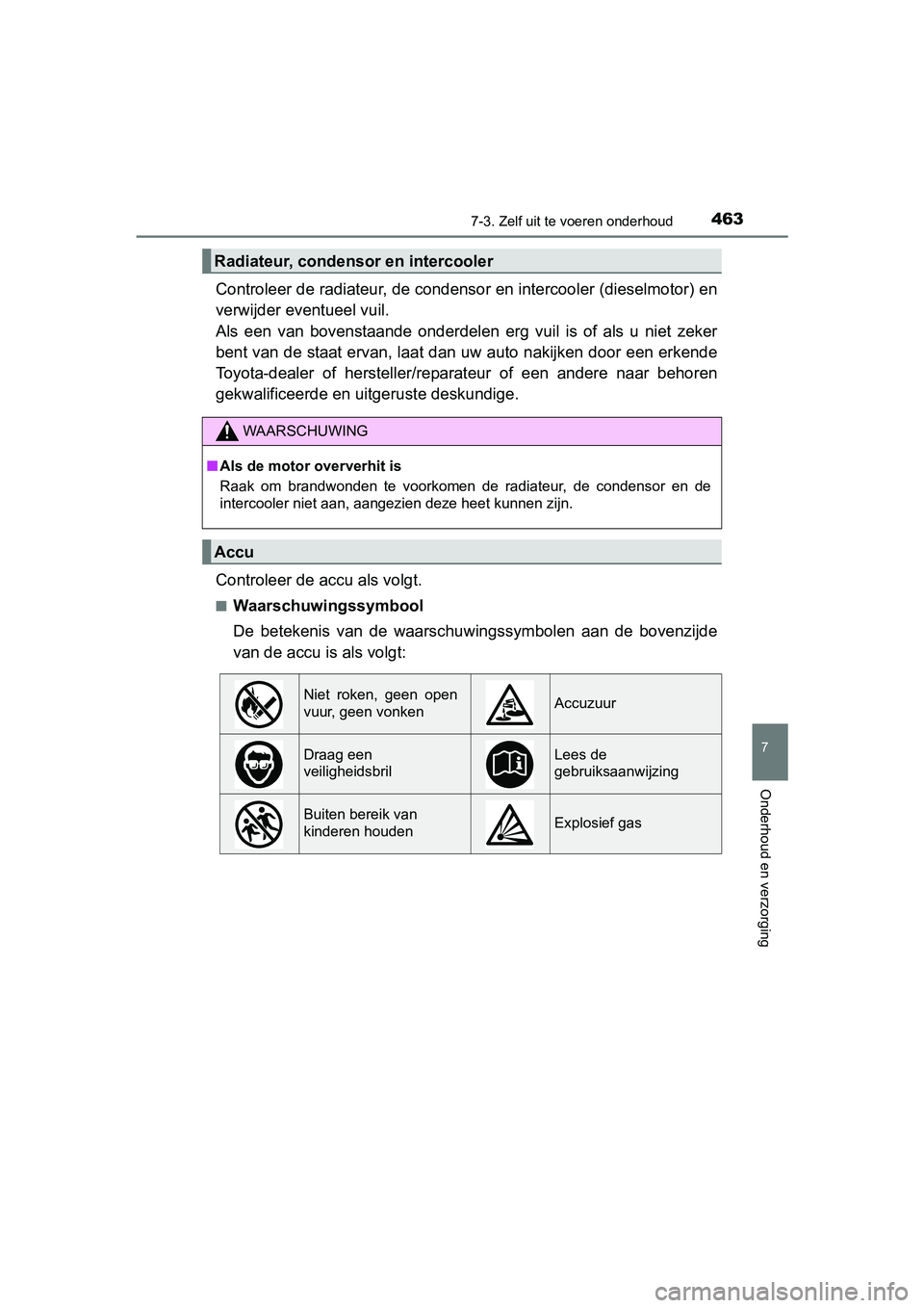 TOYOTA AVENSIS 2018 Instructieboekje (in Dutch) 4637-3. Zelf uit te voeren onderhoud
AVENSIS_OM_OM20C79E_(EE)
7
Onderhoud en verzorging
Controleer de radiateur, de condensor en intercooler (dieselmotor) en
verwijder eventueel vuil.
Als een van TOYOTA AVENSIS 2018 Instructieboekje (in Dutch) 4637-3. Zelf uit te voeren onderhoud
AVENSIS_OM_OM20C79E_(EE)
7
Onderhoud en verzorging
Controleer de radiateur, de condensor en intercooler (dieselmotor) en
verwijder eventueel vuil.
Als een van