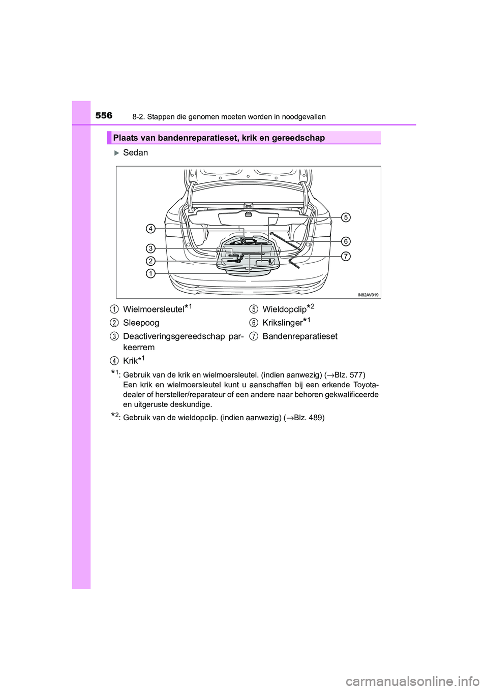 TOYOTA AVENSIS 2018  Instructieboekje (in Dutch) 5568-2. Stappen die genomen moeten worden in noodgevallen
AVENSIS_OM_OM20C79E_(EE)
Sedan
*1: Gebruik van de krik en wielmoersleutel. (indien aanwezig) (→Blz. 577)
Een  krik  en  wielmoersleutel  