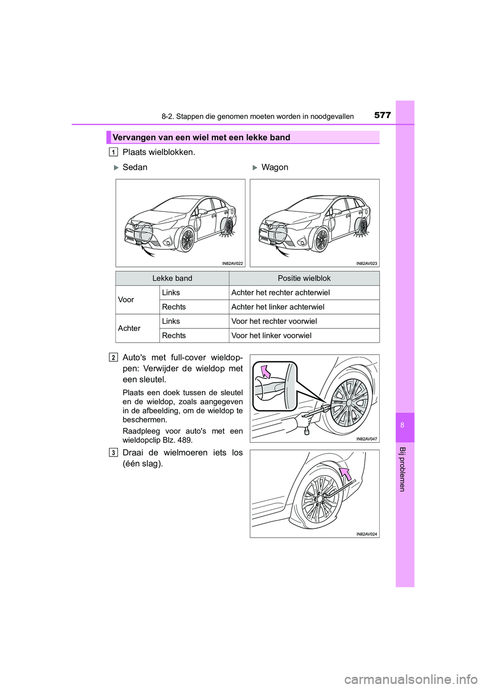 TOYOTA AVENSIS 2018  Instructieboekje (in Dutch) 5778-2. Stappen die genomen moeten worden in noodgevallen
AVENSIS_OM_OM20C79E_(EE)
8
Bij problemen
Plaats wielblokken.
Auto's  met  full-cover  wieldop-
pen:  Verwijder  de  wieldop  met
een sleut