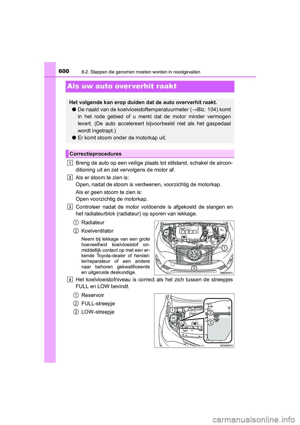 TOYOTA AVENSIS 2018 Instructieboekje (in Dutch) 6008-2. Stappen die genomen moeten worden in noodgevallen
AVENSIS_OM_OM20C79E_(EE)
Als uw auto over verhit raakt
Breng de auto op een veilige plaats tot stilstand, schakel de aircon-
ditioning uit en TOYOTA AVENSIS 2018 Instructieboekje (in Dutch) 6008-2. Stappen die genomen moeten worden in noodgevallen
AVENSIS_OM_OM20C79E_(EE)
Als uw auto over verhit raakt
Breng de auto op een veilige plaats tot stilstand, schakel de aircon-
ditioning uit en