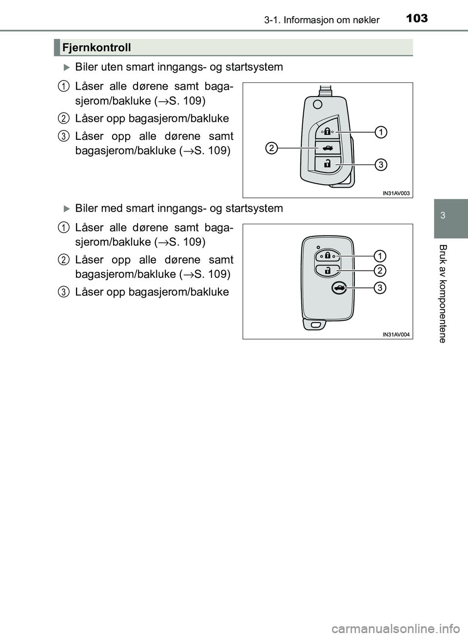 TOYOTA AVENSIS 2018  Instruksjoner for bruk (in Norwegian) 1033-1. Informasjon om nøkler
3
Bruk av komponentene
AVENSIS_OM20C79NO
Biler uten smart inngangs- og startsystem
Låser alle dørene samt baga-
sjerom/bakluke (→S. 109)
Låser opp bagasjerom/bak