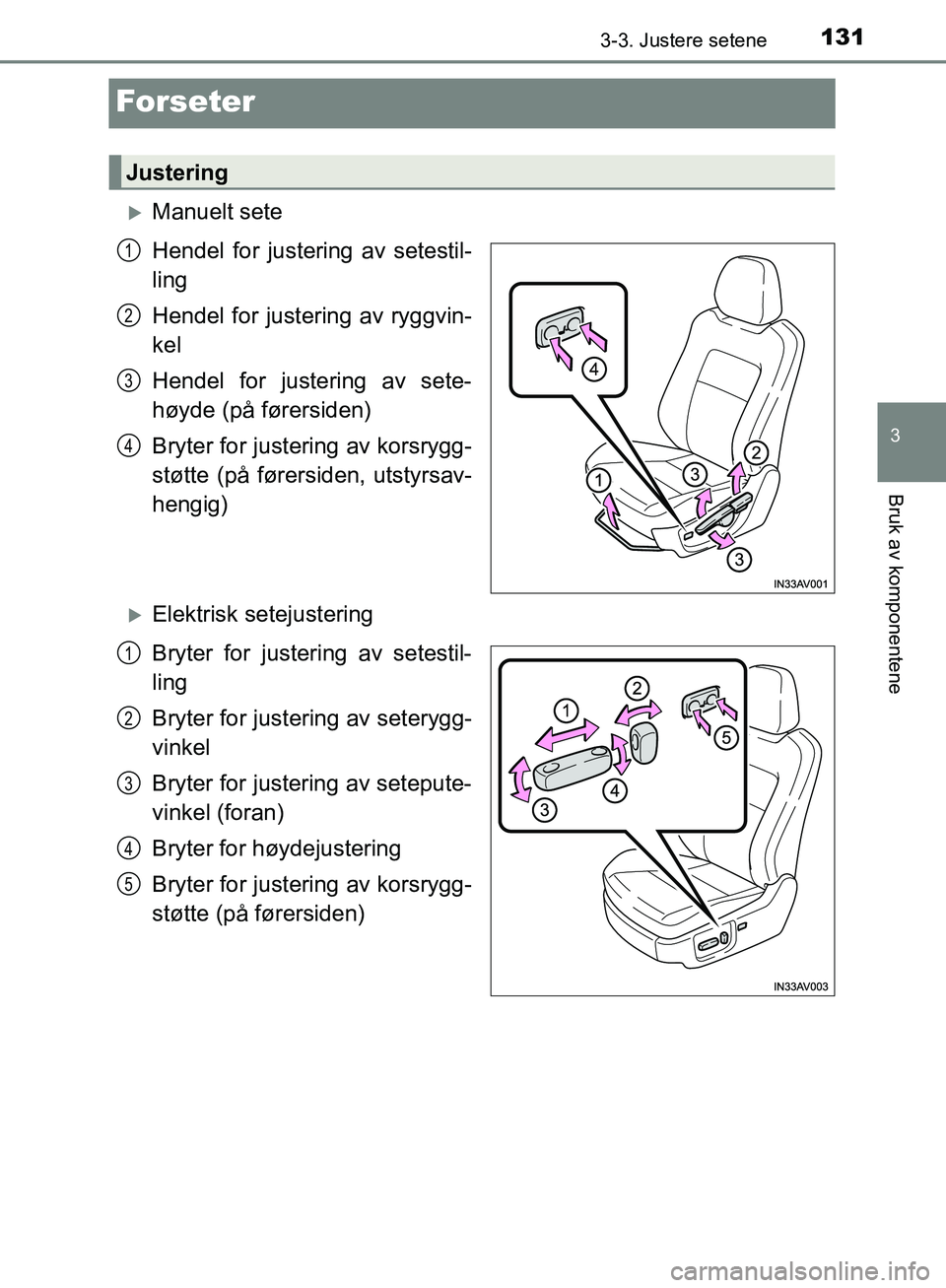 TOYOTA AVENSIS 2018  Instruksjoner for bruk (in Norwegian) 131
3
3-3. Justere setene
Bruk av komponentene
AVENSIS_OM20C79NO
Forseter
Manuelt sete
Hendel for justering av setestil-
ling
Hendel for justering av ryggvin-
kel
Hendel for justering av sete-
høy