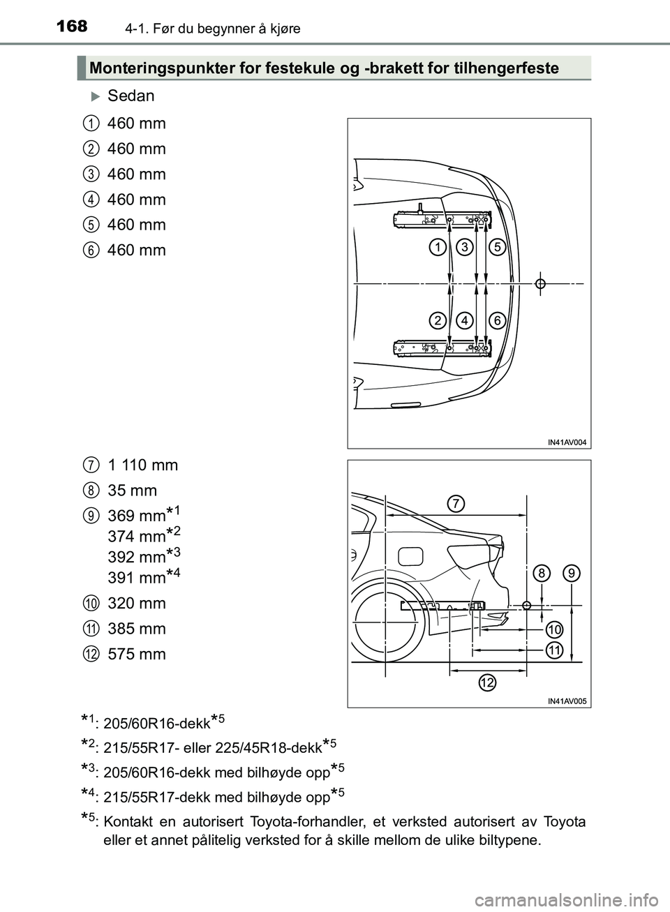 TOYOTA AVENSIS 2018  Instruksjoner for bruk (in Norwegian) 1684-1. Før du begynner å kjøre
AVENSIS_OM20C79NO
Sedan
460 mm
460 mm
460 mm
460 mm
460 mm
460 mm
1 110 mm
35 mm
369 mm
*1 
374 mm*2 
392 mm*3 
391 mm*4
320 mm
385 mm
575 mm
*1: 205/60R16-dekk*5