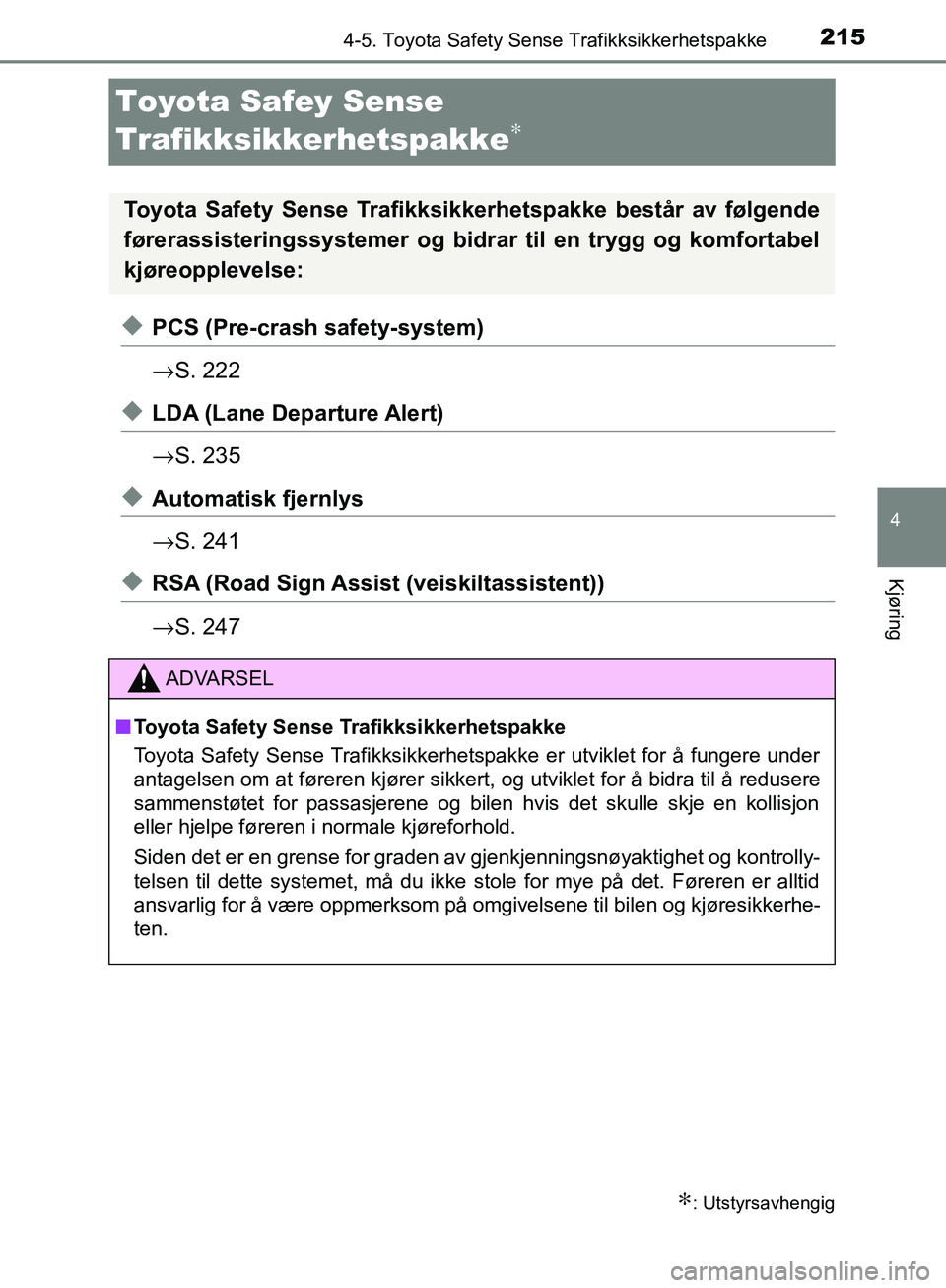 TOYOTA AVENSIS 2018 Instruksjoner for bruk (in Norwegian) 215
4
4-5. Toyota Safety Sense Trafikksikkerhetspakke
Kjøring
AVENSIS_OM20C79NO
Toyota Safey Sense
Trafikksikkerhetspakke
∗
uPCS (Pre-crash safety-system)
→S. 222
uLDA (Lane Departure Alert)
→ TOYOTA AVENSIS 2018 Instruksjoner for bruk (in Norwegian) 215
4
4-5. Toyota Safety Sense Trafikksikkerhetspakke
Kjøring
AVENSIS_OM20C79NO
Toyota Safey Sense
Trafikksikkerhetspakke
∗
uPCS (Pre-crash safety-system)
→S. 222
uLDA (Lane Departure Alert)
→