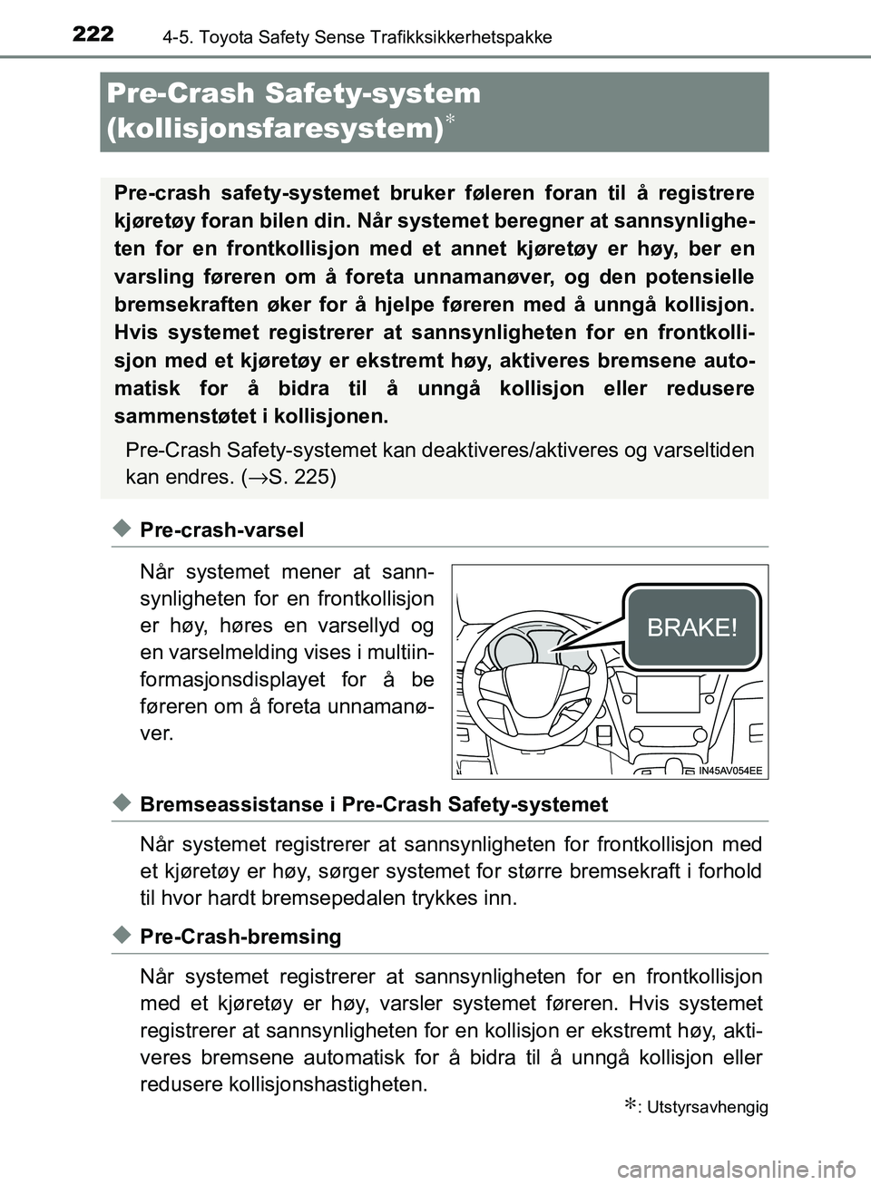 TOYOTA AVENSIS 2018 Instruksjoner for bruk (in Norwegian) 2224-5. Toyota Safety Sense Trafikksikkerhetspakke
AVENSIS_OM20C79NO
Pre-Crash Safety-system
(kollisjonsfaresystem)
∗
uPre-crash-varsel
Når systemet mener at sann-
synligheten for en frontkollisjo TOYOTA AVENSIS 2018 Instruksjoner for bruk (in Norwegian) 2224-5. Toyota Safety Sense Trafikksikkerhetspakke
AVENSIS_OM20C79NO
Pre-Crash Safety-system
(kollisjonsfaresystem)
∗
uPre-crash-varsel
Når systemet mener at sann-
synligheten for en frontkollisjo