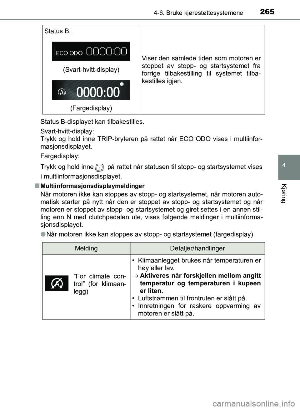 TOYOTA AVENSIS 2018 Instruksjoner for bruk (in Norwegian) 2654-6. Bruke kjørestøttesystemene
4
Kjøring
AVENSIS_OM20C79NOStatus B-displayet kan tilbakestilles.
Svart-hvitt-display:
Trykk og hold inne TRIP-bryteren på rattet når ECO ODO vises i multiinfo TOYOTA AVENSIS 2018 Instruksjoner for bruk (in Norwegian) 2654-6. Bruke kjørestøttesystemene
4
Kjøring
AVENSIS_OM20C79NOStatus B-displayet kan tilbakestilles.
Svart-hvitt-display:
Trykk og hold inne TRIP-bryteren på rattet når ECO ODO vises i multiinfo