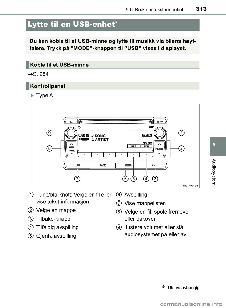 TOYOTA AVENSIS 2018  Instruksjoner for bruk (in Norwegian) 313
5
5-5. Bruke en ekstern enhet
Audiosystem
AVENSIS_OM20C79NO
Lytte til en USB-enhet∗
→S. 284
Ty p e  A
∗: Utstyrsavhengig
Du kan koble til et USB-minne og  lytte til musikk via bilens høy