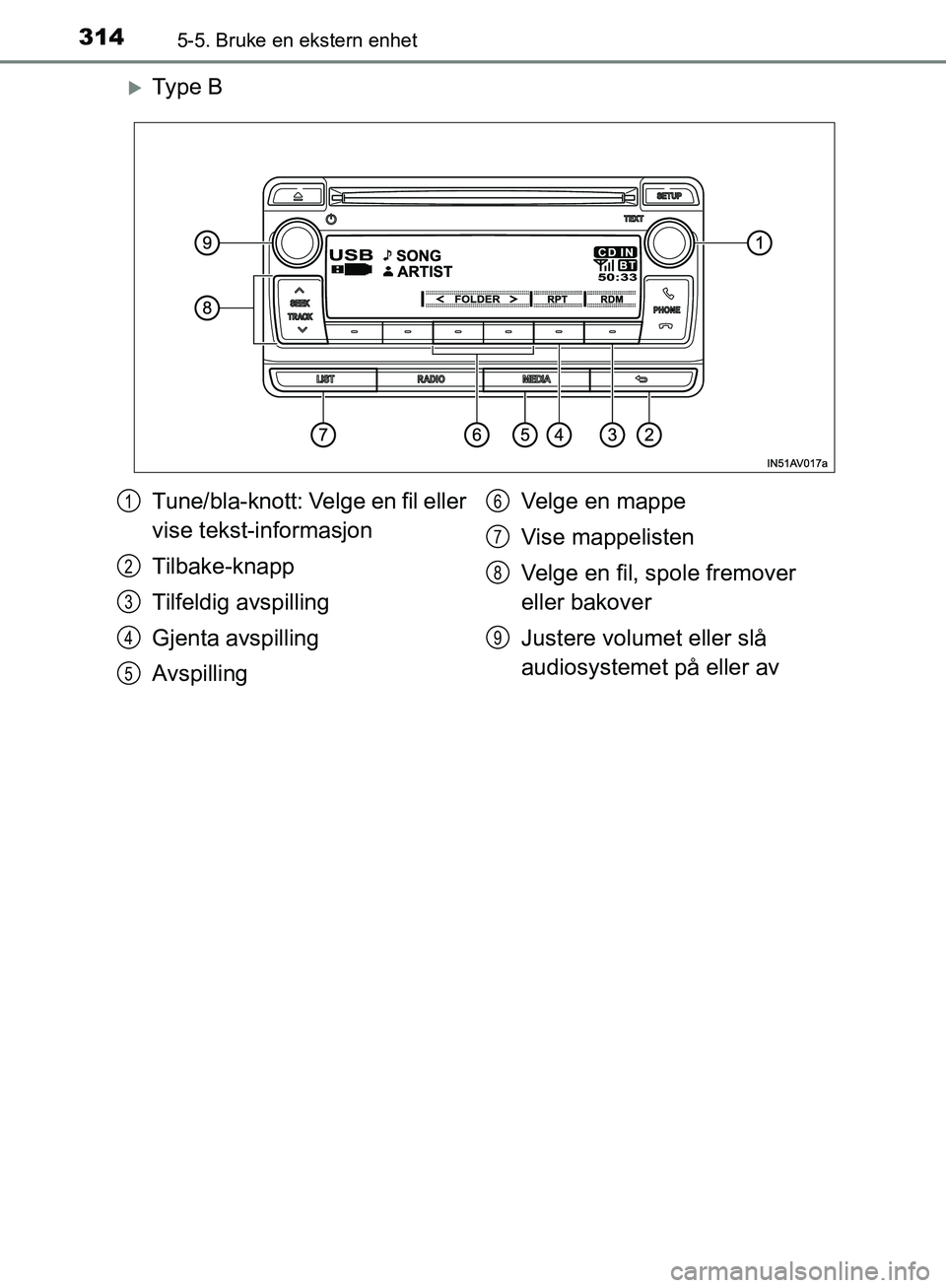 TOYOTA AVENSIS 2018  Instruksjoner for bruk (in Norwegian) 3145-5. Bruke en ekstern enhet
AVENSIS_OM20C79NO
Ty p e  B
Tune/bla-knott: Velge en fil eller 
vise tekst-informasjon
Tilbake-knapp
Tilfeldig avspilling
Gjenta avspilling
AvspillingVelge en mappe
V