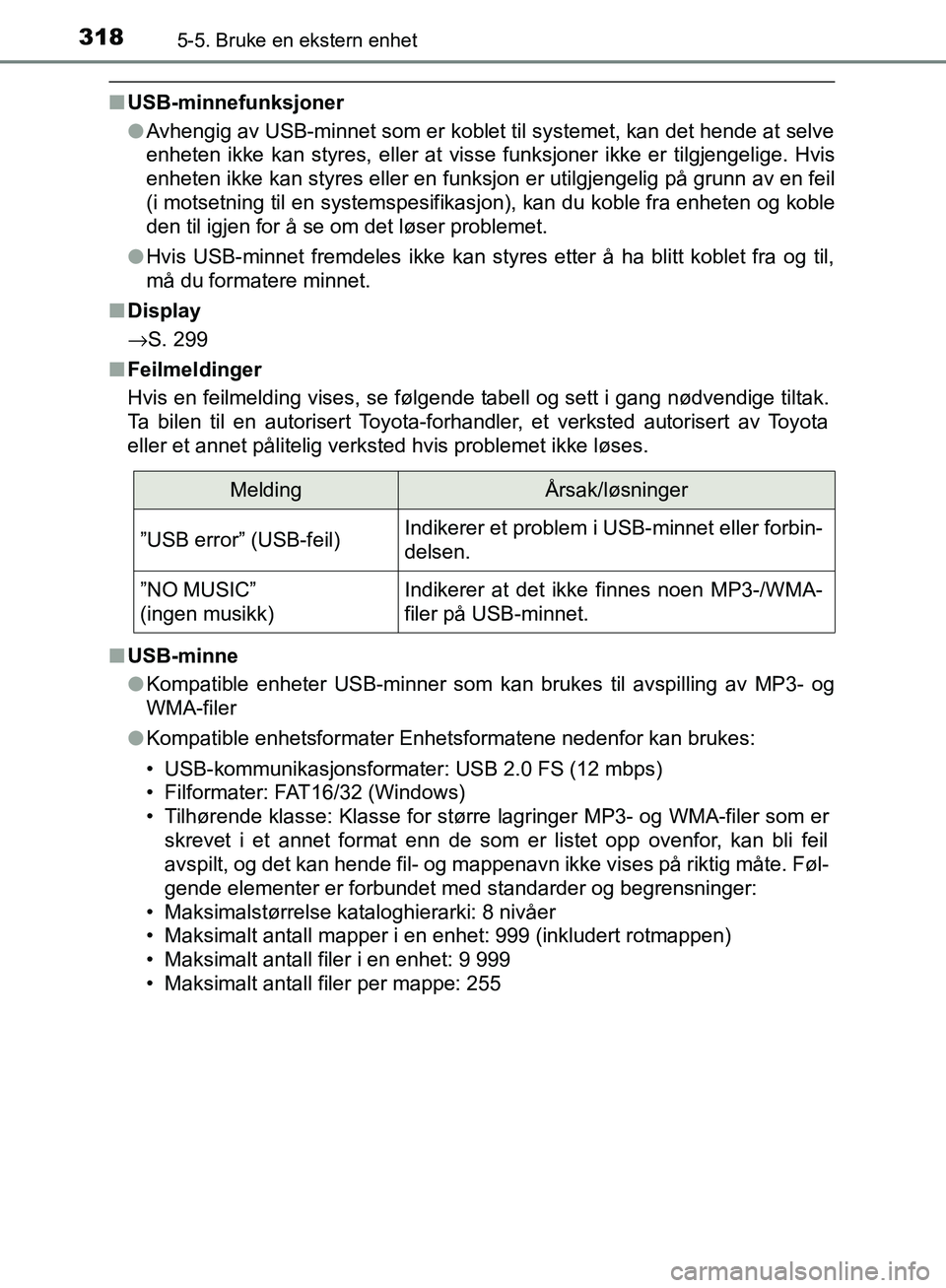 TOYOTA AVENSIS 2018 Instruksjoner for bruk (in Norwegian) 3185-5. Bruke en ekstern enhet
AVENSIS_OM20C79NO
nUSB-minnefunksjoner
lAvhengig av USB-minnet som er koblet til systemet, kan det hende at selve
enheten ikke kan styres, eller at visse funksjoner ikke TOYOTA AVENSIS 2018 Instruksjoner for bruk (in Norwegian) 3185-5. Bruke en ekstern enhet
AVENSIS_OM20C79NO
nUSB-minnefunksjoner
lAvhengig av USB-minnet som er koblet til systemet, kan det hende at selve
enheten ikke kan styres, eller at visse funksjoner ikke
