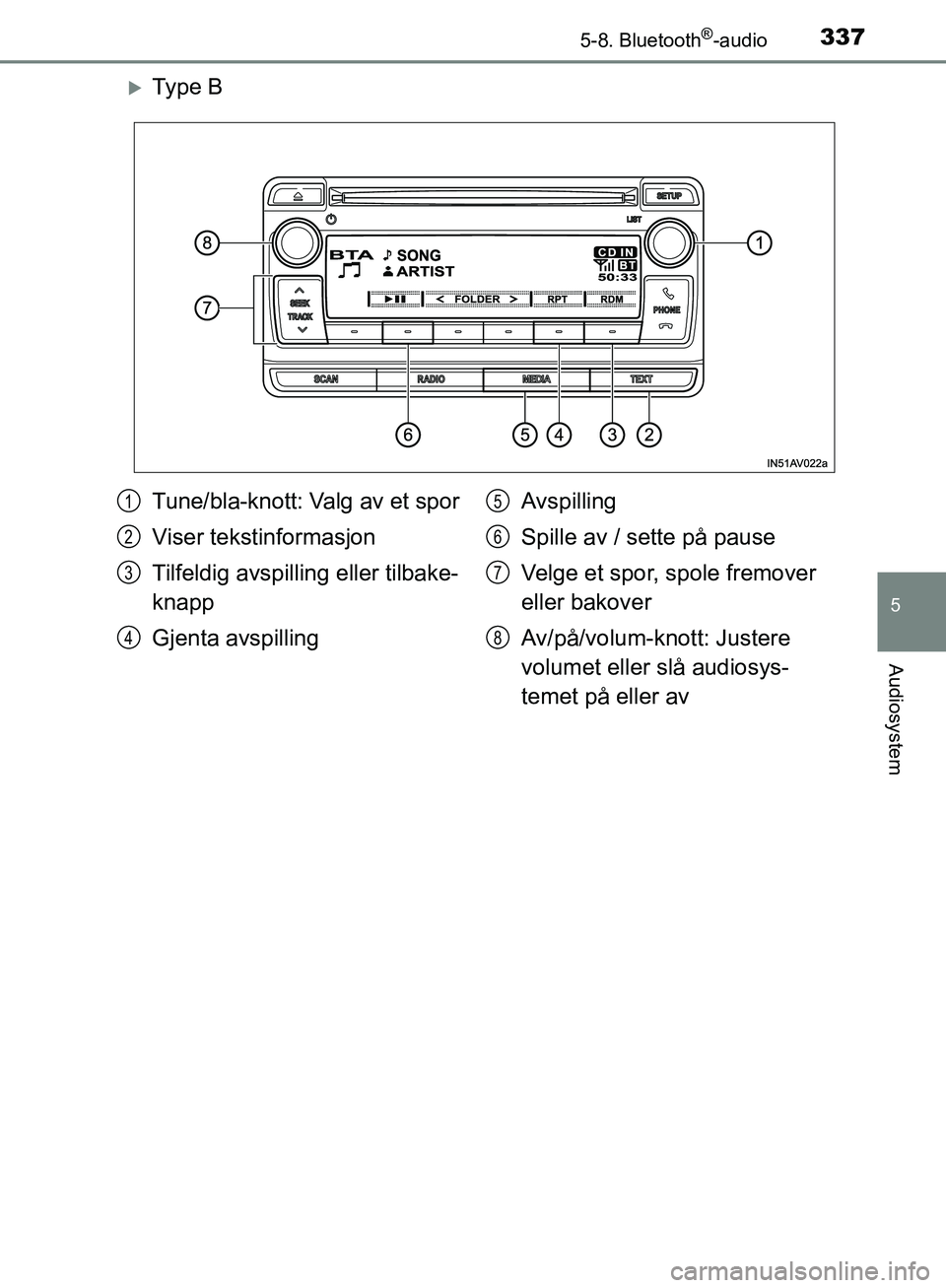 TOYOTA AVENSIS 2018  Instruksjoner for bruk (in Norwegian) 3375-8. Bluetooth®-audio
5
Audiosystem
AVENSIS_OM20C79NO
Ty p e  B
Tune/bla-knott: Valg av et spor
Viser tekstinformasjon
Tilfeldig avspilling eller tilbake-
knapp
Gjenta avspillingAvspilling
Spil