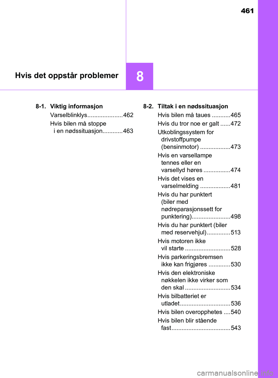 TOYOTA AVENSIS 2018 Instruksjoner for bruk (in Norwegian) 461
8Hvis det oppstår problemer
AVENSIS_OM20C79NO8-1. Viktig informasjon
Varselblinklys..................... 462
Hvis bilen må stoppe i en nødssituasjon............ 463 8-2. Tiltak i en nødssituas TOYOTA AVENSIS 2018 Instruksjoner for bruk (in Norwegian) 461
8Hvis det oppstår problemer
AVENSIS_OM20C79NO8-1. Viktig informasjon
Varselblinklys..................... 462
Hvis bilen må stoppe i en nødssituasjon............ 463 8-2. Tiltak i en nødssituas
