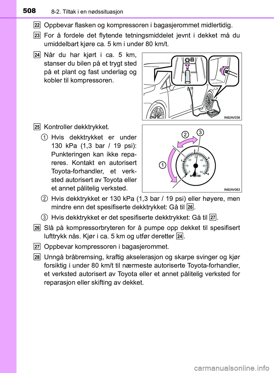 TOYOTA AVENSIS 2018 Instruksjoner for bruk (in Norwegian) 5088-2. Tiltak i en nødssituasjon
AVENSIS_OM20C79NO
Oppbevar flasken og kompressoren i bagasjerommet midlertidig.
For å fordele det flytende tetningsmiddelet jevnt i dekket må du
umiddelbart kjøre TOYOTA AVENSIS 2018 Instruksjoner for bruk (in Norwegian) 5088-2. Tiltak i en nødssituasjon
AVENSIS_OM20C79NO
Oppbevar flasken og kompressoren i bagasjerommet midlertidig.
For å fordele det flytende tetningsmiddelet jevnt i dekket må du
umiddelbart kjøre