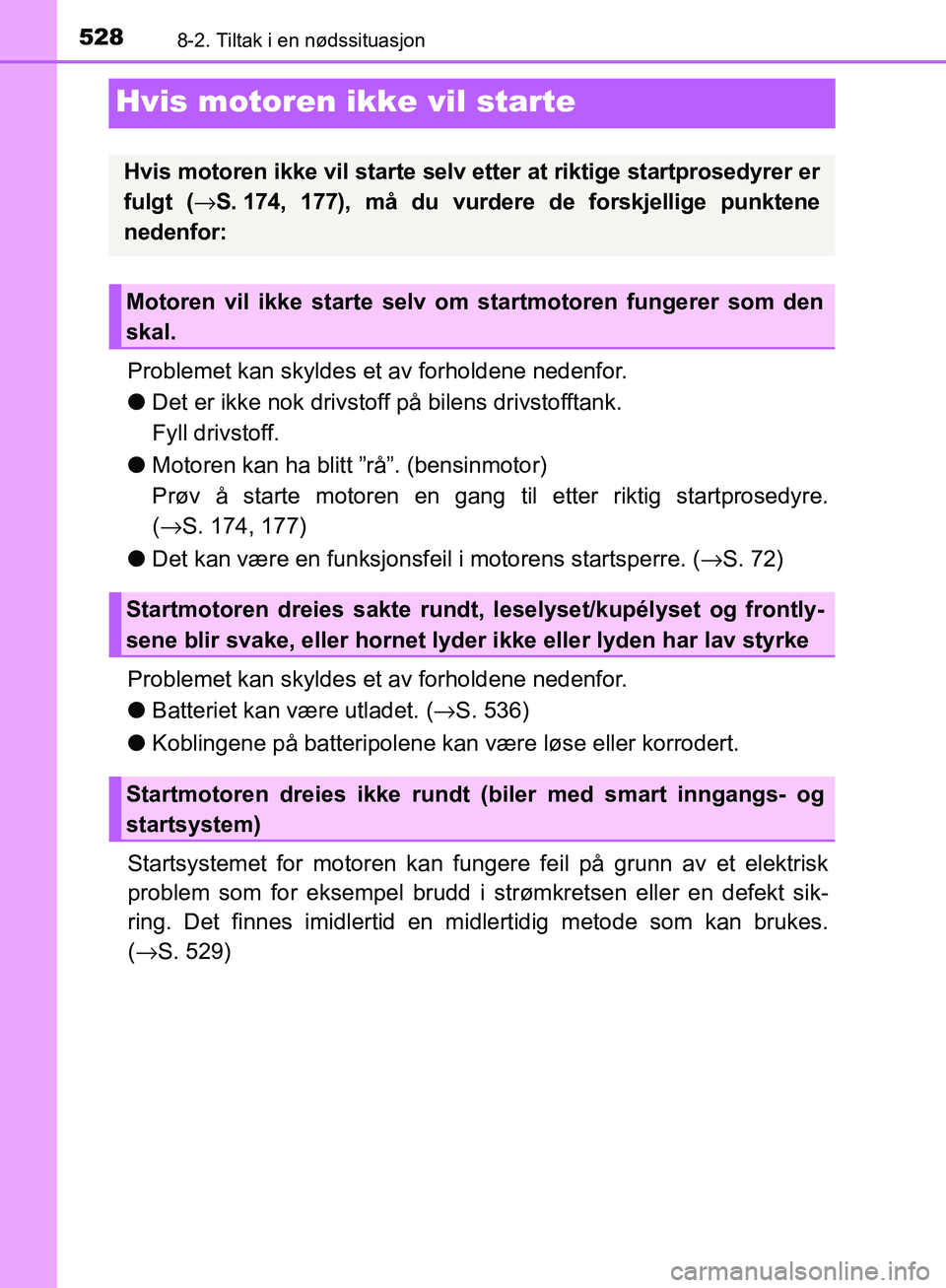 TOYOTA AVENSIS 2018 Instruksjoner for bruk (in Norwegian) 5288-2. Tiltak i en nødssituasjon
AVENSIS_OM20C79NO
Hvis motoren ikke vil starte
Problemet kan skyldes et av forholdene nedenfor.
lDet er ikke nok drivstoff på bilens drivstofftank.
Fyll drivstoff. TOYOTA AVENSIS 2018 Instruksjoner for bruk (in Norwegian) 5288-2. Tiltak i en nødssituasjon
AVENSIS_OM20C79NO
Hvis motoren ikke vil starte
Problemet kan skyldes et av forholdene nedenfor.
lDet er ikke nok drivstoff på bilens drivstofftank.
Fyll drivstoff.