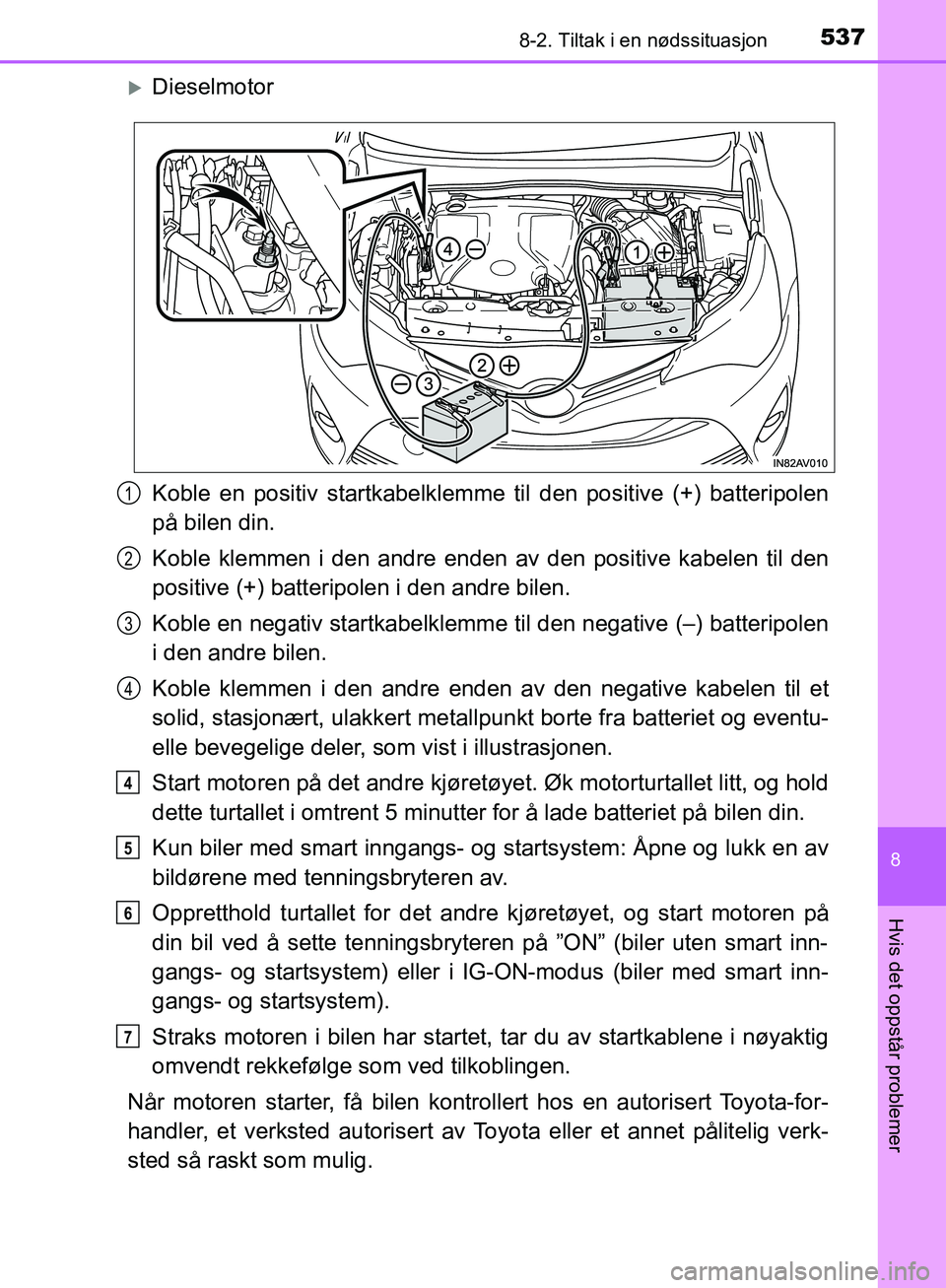TOYOTA AVENSIS 2018 Instruksjoner for bruk (in Norwegian) 5378-2. Tiltak i en nødssituasjon
AVENSIS_OM20C79NO
8
Hvis det oppstår problemer
Dieselmotor
Koble en positiv startkabelklemme til den positive (+) batteripolen
på bilen din.
Koble klemmen i den TOYOTA AVENSIS 2018 Instruksjoner for bruk (in Norwegian) 5378-2. Tiltak i en nødssituasjon
AVENSIS_OM20C79NO
8
Hvis det oppstår problemer
Dieselmotor
Koble en positiv startkabelklemme til den positive (+) batteripolen
på bilen din.
Koble klemmen i den