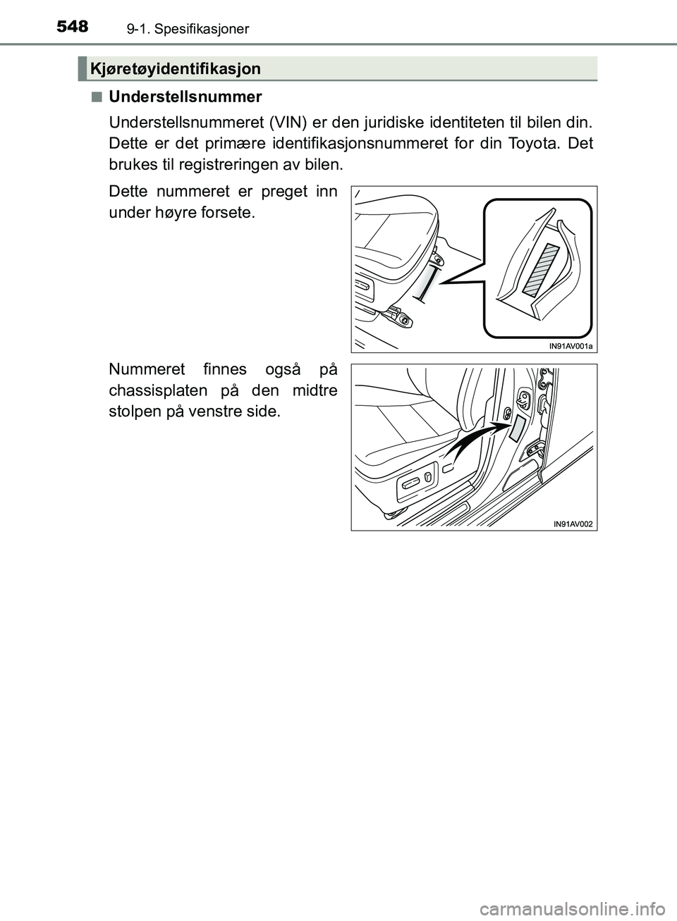 TOYOTA AVENSIS 2018  Instruksjoner for bruk (in Norwegian) 5489-1. Spesifikasjoner
AVENSIS_OM20C79NOn
Understellsnummer
Understellsnummeret (VIN) er den juridiske identiteten til bilen din.
Dette er det primære identifika
sjonsnummeret for din Toyota. Det
br