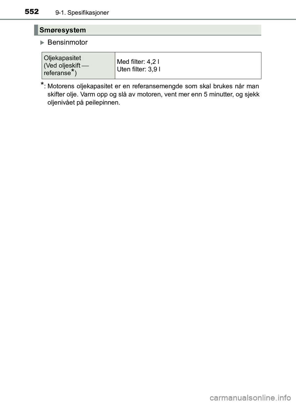 TOYOTA AVENSIS 2018  Instruksjoner for bruk (in Norwegian) 5529-1. Spesifikasjoner
AVENSIS_OM20C79NO
Bensinmotor
*: Motorens oljekapasitet er en referansemengde som skal brukes når manskifter olje. Varm opp og slå av motoren, vent mer enn 5 minutter, og 