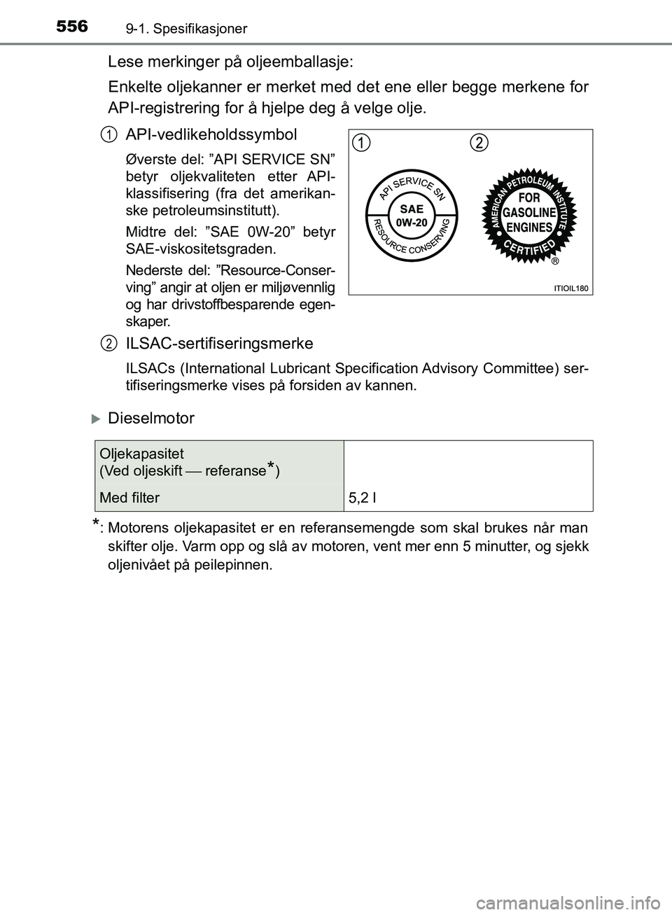TOYOTA AVENSIS 2018  Instruksjoner for bruk (in Norwegian) 5569-1. Spesifikasjoner
AVENSIS_OM20C79NO
Lese merkinger på oljeemballasje:
Enkelte oljekanner er merket med det ene eller begge merkene for
API-registrering for å hjelpe deg å velge olje.API-vedli