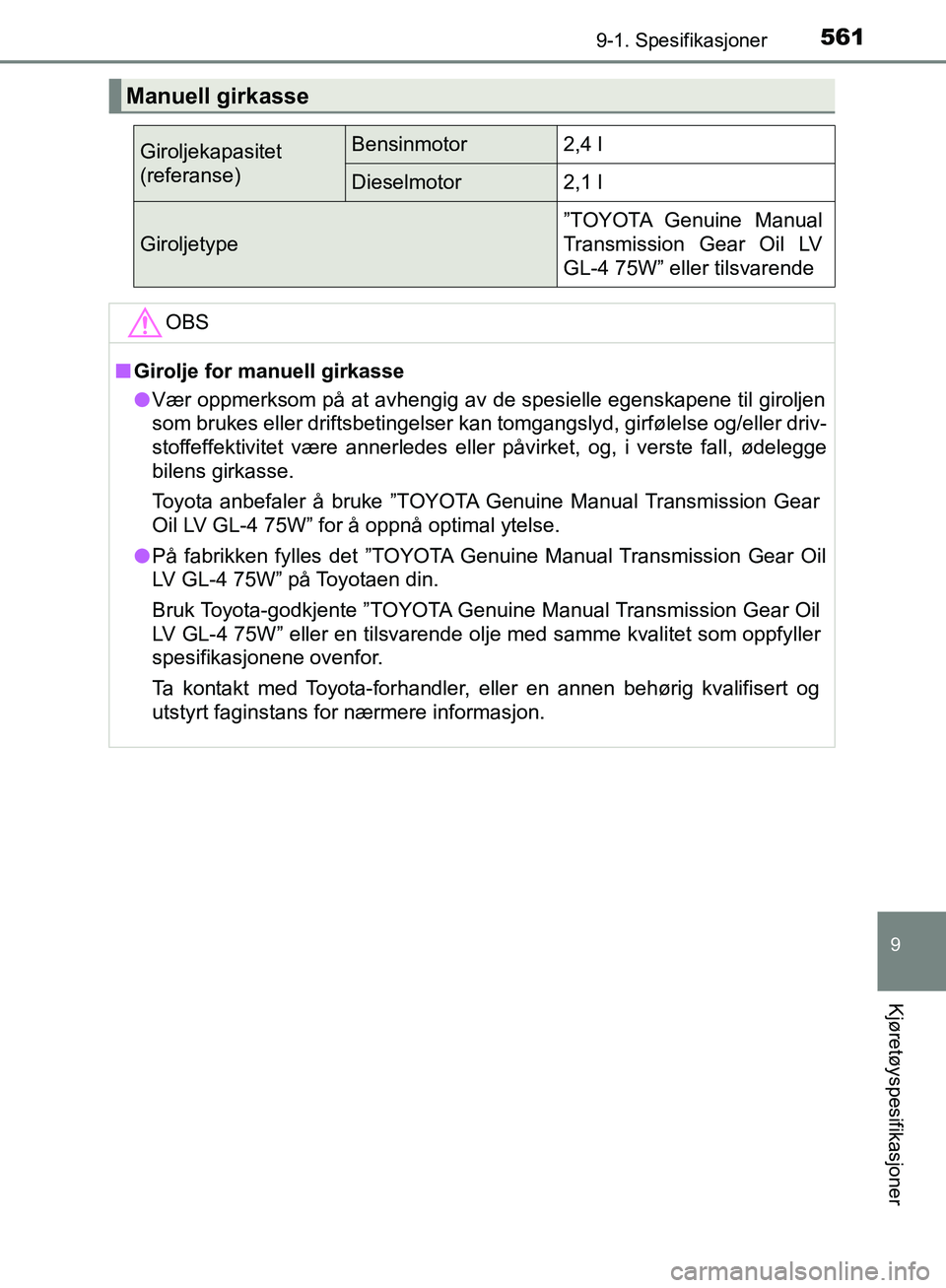 TOYOTA AVENSIS 2018 Instruksjoner for bruk (in Norwegian) 5619-1. Spesifikasjoner
AVENSIS_OM20C79NO
9
Kjøretøyspesifikasjoner
Manuell girkasse
Giroljekapasitet
(referanse)Bensinmotor2,4 l
Dieselmotor2,1 l
Giroljetype
”TOYOTA Genuine Manual
Transmission G TOYOTA AVENSIS 2018 Instruksjoner for bruk (in Norwegian) 5619-1. Spesifikasjoner
AVENSIS_OM20C79NO
9
Kjøretøyspesifikasjoner
Manuell girkasse
Giroljekapasitet
(referanse)Bensinmotor2,4 l
Dieselmotor2,1 l
Giroljetype
”TOYOTA Genuine Manual
Transmission G