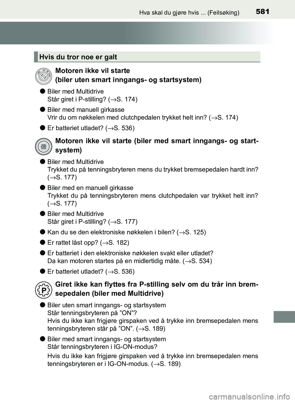 TOYOTA AVENSIS 2018 Instruksjoner for bruk (in Norwegian) 581Hva skal du gjøre hvis ... (Feilsøking)
AVENSIS_OM20C79NO
lBiler med Multidrive
Står giret i P-stilling? (→S. 174)
lBiler med manuell girkasse
Vrir du om nøkkelen med clutchpedalen trykket TOYOTA AVENSIS 2018 Instruksjoner for bruk (in Norwegian) 581Hva skal du gjøre hvis ... (Feilsøking)
AVENSIS_OM20C79NO
lBiler med Multidrive
Står giret i P-stilling? (→S. 174)
lBiler med manuell girkasse
Vrir du om nøkkelen med clutchpedalen trykket
