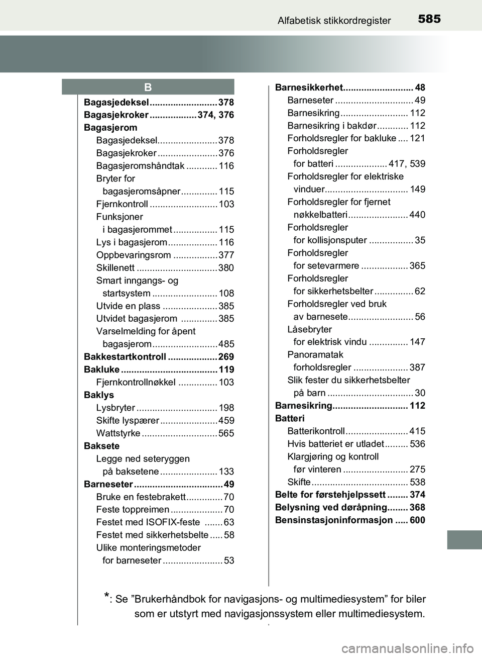 TOYOTA AVENSIS 2018 Instruksjoner for bruk (in Norwegian) 585Alfabetisk stikkordregister
AVENSIS_OM20C79NO
Bagasjedeksel .......................... 378
Bagasjekroker .................. 374, 376
BagasjeromBagasjedeksel....................... 378
Bagasjekroker TOYOTA AVENSIS 2018 Instruksjoner for bruk (in Norwegian) 585Alfabetisk stikkordregister
AVENSIS_OM20C79NO
Bagasjedeksel .......................... 378
Bagasjekroker .................. 374, 376
BagasjeromBagasjedeksel....................... 378
Bagasjekroker
