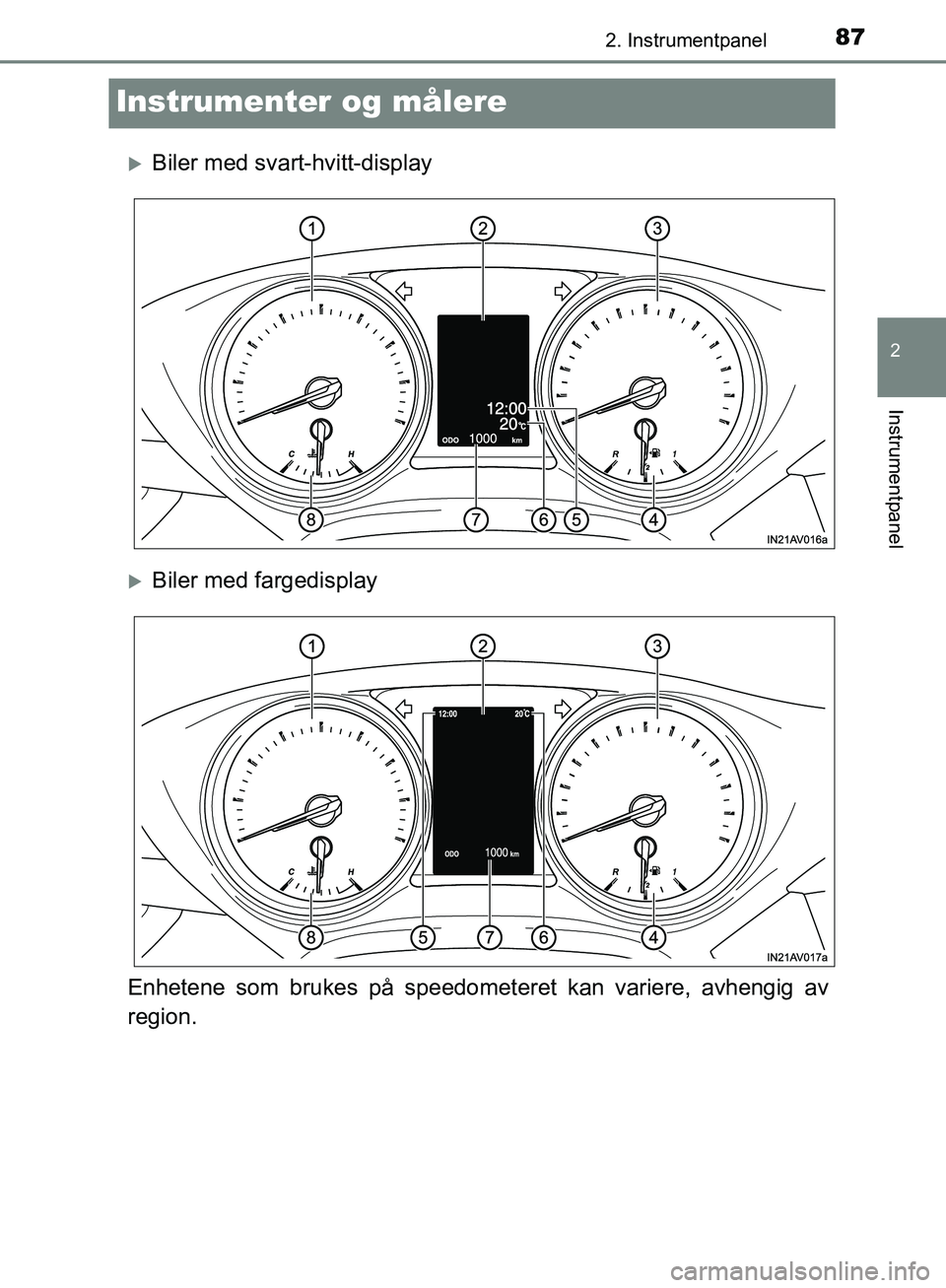 TOYOTA AVENSIS 2018  Instruksjoner for bruk (in Norwegian) 87
2
2. Instrumentpanel
Instrumentpanel
AVENSIS_OM20C79NO
Instrumenter og målere
Biler med svart-hvitt-display
Biler med fargedisplay
Enhetene som brukes på speedometeret kan variere, avhengig