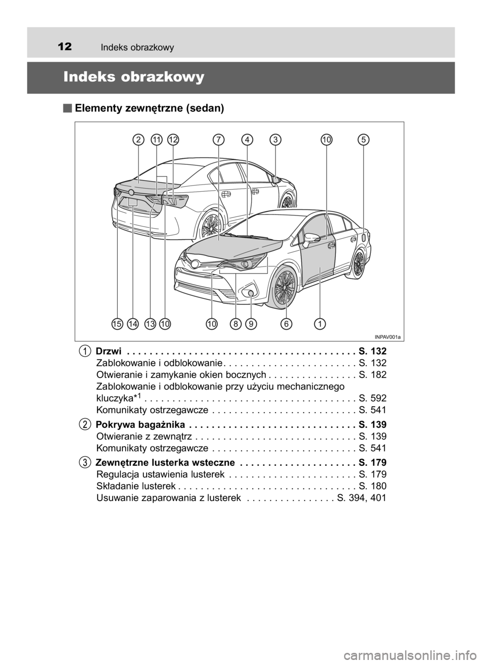 TOYOTA AVENSIS 2018 Instrukcja obsługi (in Polish) Indeks obrazkowy12
Indeks obrazkowy
Elementy zewn´trzne (sedan)
Drzwi . . . . . . . . . . . . . . . . . . . . . . . . . . . . . . . . . . . . . . . . . S. 132
Zablokowanie i odblokowanie . . . . . . TOYOTA AVENSIS 2018 Instrukcja obsługi (in Polish) Indeks obrazkowy12
Indeks obrazkowy
Elementy zewn´trzne (sedan)
Drzwi . . . . . . . . . . . . . . . . . . . . . . . . . . . . . . . . . . . . . . . . . S. 132
Zablokowanie i odblokowanie . . . . . .
