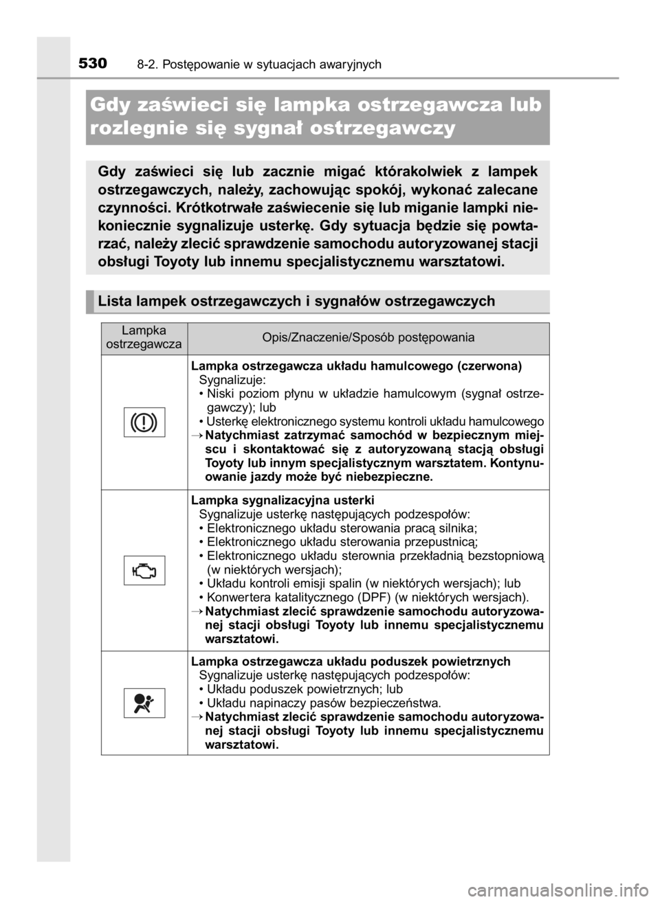 TOYOTA AVENSIS 2018 Instrukcja obsługi (in Polish) 5308-2. Post´powanie w sytuacjach awaryjnych
Lampka ostrzegawcza uk∏adu hamulcowego (czerwona)
Sygnalizuje:
• Niski poziom p∏ynu w uk∏adzie hamulcowym (sygna∏ ostrze-
gawczy); lub
• TOYOTA AVENSIS 2018 Instrukcja obsługi (in Polish) 5308-2. Post´powanie w sytuacjach awaryjnych
Lampka ostrzegawcza uk∏adu hamulcowego (czerwona)
Sygnalizuje:
• Niski poziom p∏ynu w uk∏adzie hamulcowym (sygna∏ ostrze-
gawczy); lub
•