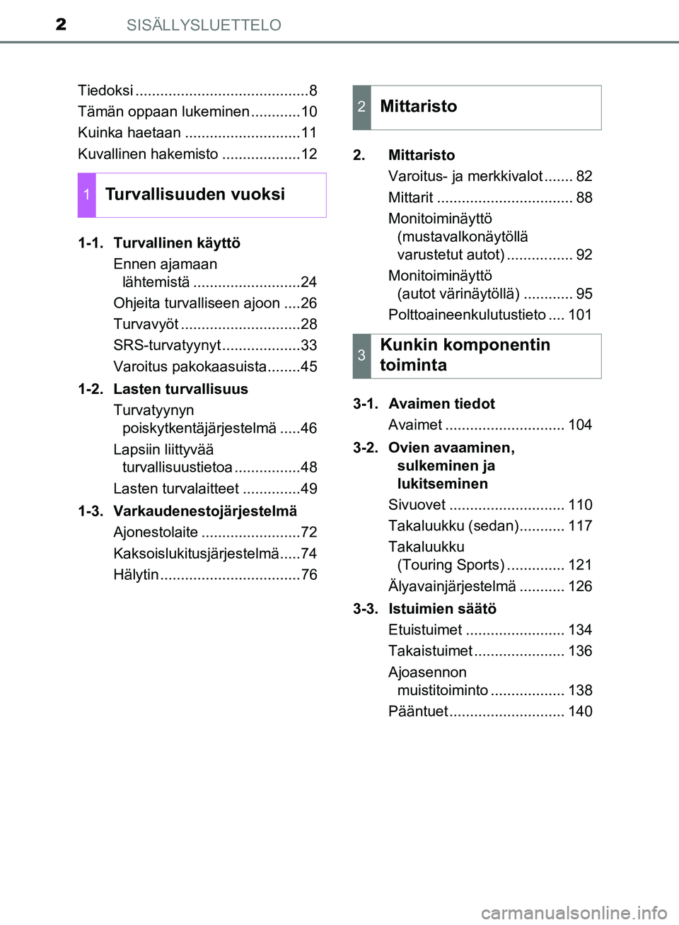 TOYOTA AVENSIS 2018 Omistajan Käsikirja (in Finnish) SISÄLLYSLUETTELO2
OM20C79FITiedoksi ..........................................8
Tämän oppaan lukeminen ............10
Kuinka haetaan ............................11
Kuvallinen hakemisto ............ TOYOTA AVENSIS 2018 Omistajan Käsikirja (in Finnish) SISÄLLYSLUETTELO2
OM20C79FITiedoksi ..........................................8
Tämän oppaan lukeminen ............10
Kuinka haetaan ............................11
Kuvallinen hakemisto ............