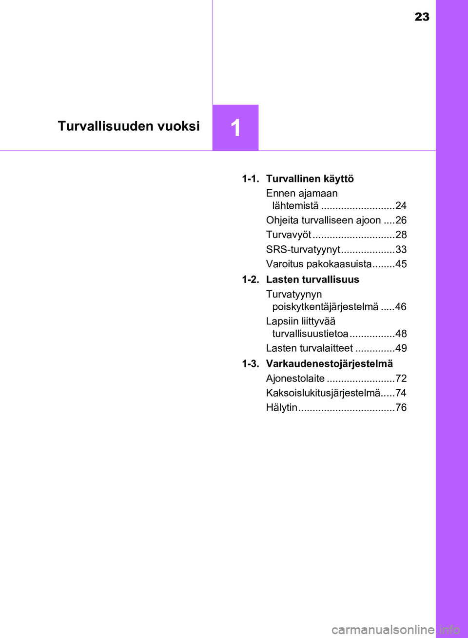 TOYOTA AVENSIS 2018  Omistajan Käsikirja (in Finnish) 23
1Turvallisuuden vuoksi
OM20C79FI1-1. Turvallinen käyttö
Ennen ajamaan lähtemistä .......................... 24
Ohjeita turvalliseen ajoon .... 26
Turvavyöt ............................. 28
SRS