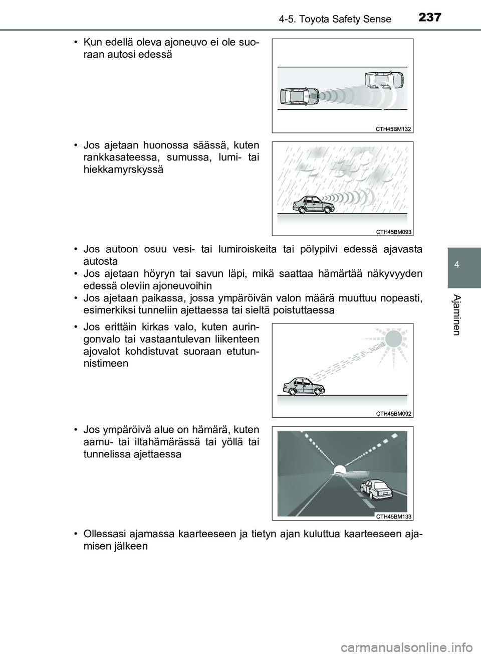 TOYOTA AVENSIS 2018  Omistajan Käsikirja (in Finnish) 2374-5. Toyota Safety Sense
4
Ajaminen
OM20C79FI• Jos autoon osuu vesi- tai lumiroiskeita tai pölypilvi edessä ajavasta
autosta
• Jos ajetaan höyryn tai savun läpi, mikä saattaa hämärtää 