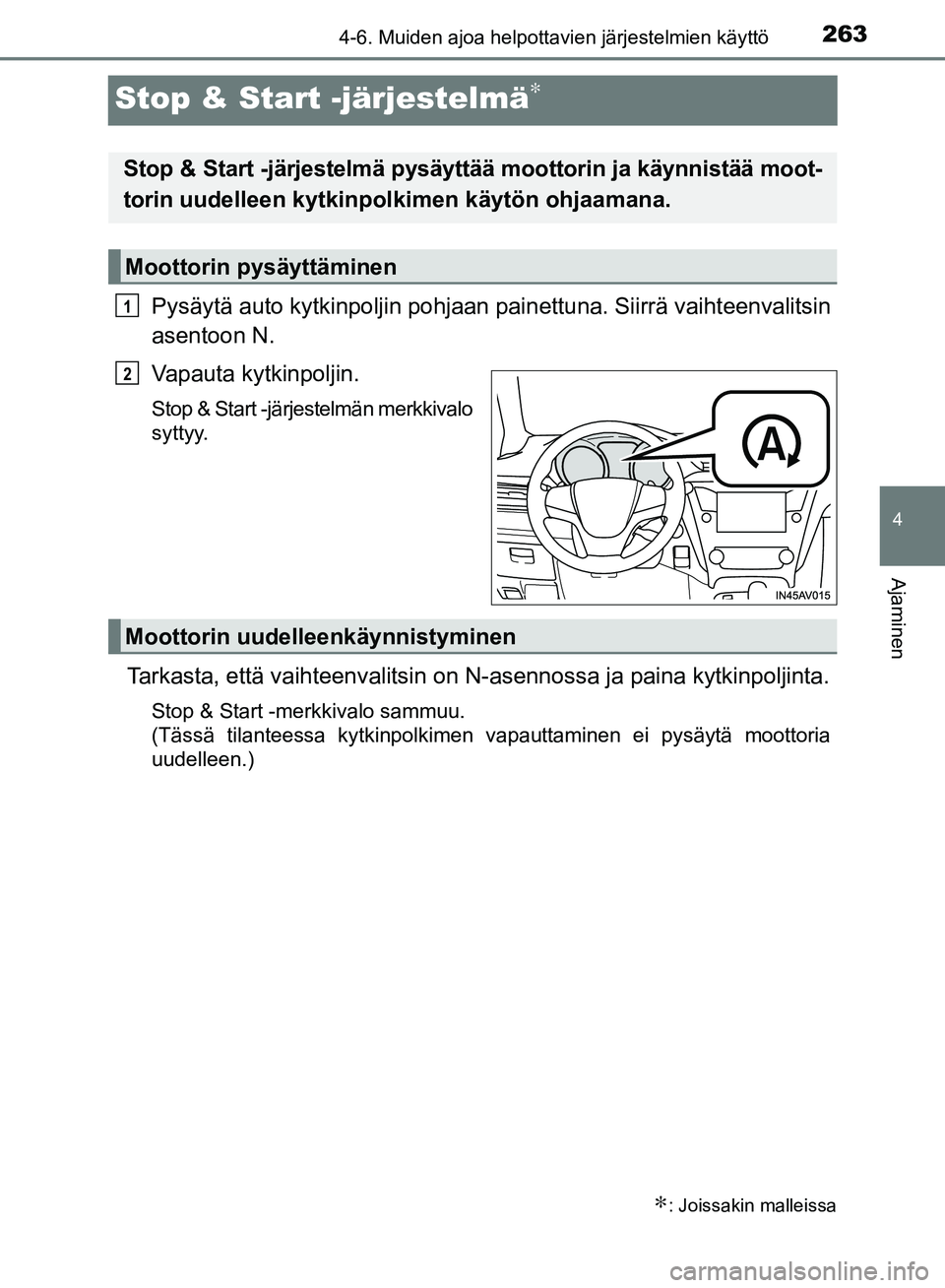 TOYOTA AVENSIS 2018  Omistajan Käsikirja (in Finnish) 263
4
4-6. Muiden ajoa helpottavien järjestelmien käyttö
Ajaminen
OM20C79FI
Stop & Start -järjestelmä∗
Pysäytä auto kytkinpoljin pohjaan painettuna. Siirrä vaihteenvalitsin
asentoon N.
Vapau
