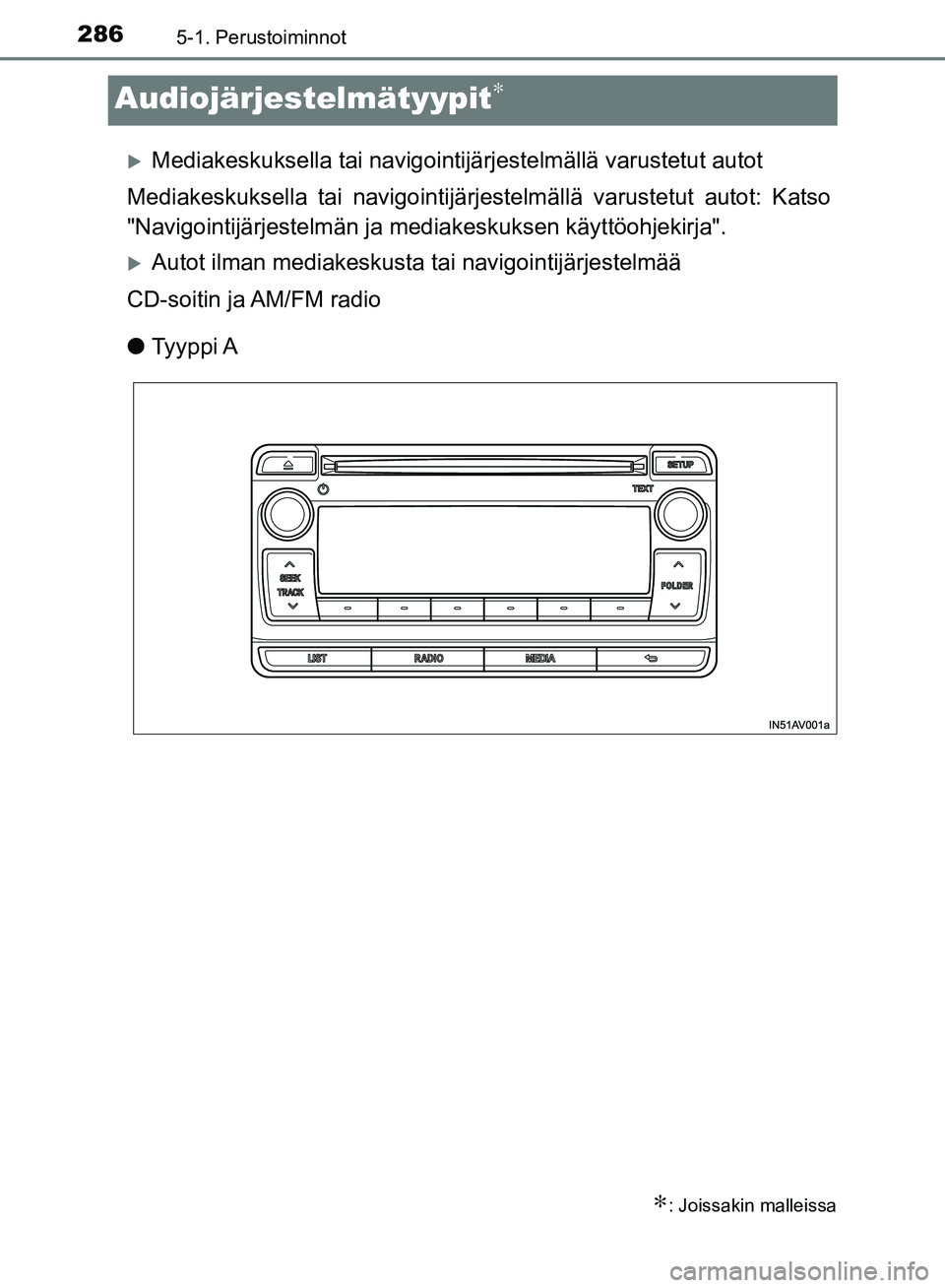 TOYOTA AVENSIS 2018  Omistajan Käsikirja (in Finnish) 2865-1. Perustoiminnot
OM20C79FI
Audiojärjestelmätyypit∗
Mediakeskuksella tai navigointijärjestelmällä varustetut autot
Mediakeskuksella tai navigointijärje stelmällä varustetut autot: Ka