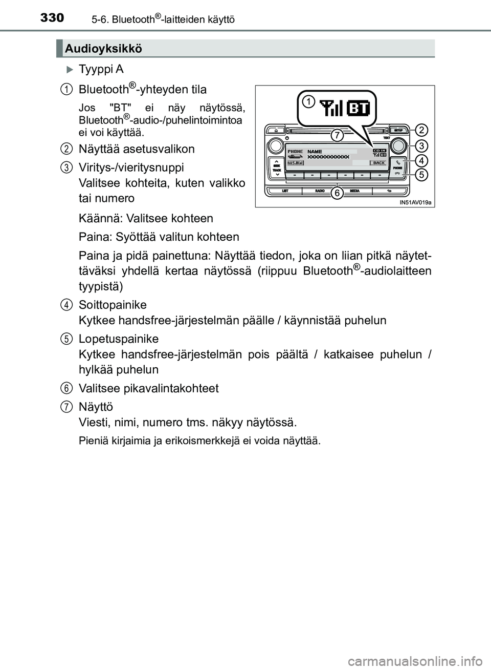 TOYOTA AVENSIS 2018  Omistajan Käsikirja (in Finnish) 3305-6. Bluetooth®-laitteiden käyttö
OM20C79FI
Ty y p p i  A
Bluetooth
®-yhteyden tila
Jos "BT" ei näy näytössä,Bluetooth®-audio-/puhelintoimintoa
ei voi käyttää.
Näyttää asetusvalik