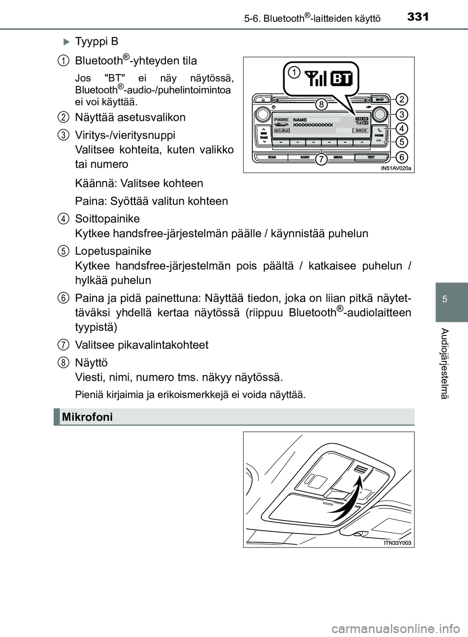 TOYOTA AVENSIS 2018  Omistajan Käsikirja (in Finnish) 3315-6. Bluetooth®-laitteiden käyttö
5
Audiojärjestelmä
OM20C79FI
Ty y p p i  B
Bluetooth
®-yhteyden tila
Jos "BT" ei näy näytössä,Bluetooth®-audio-/puhelintoimintoa
ei voi käyttää.
N