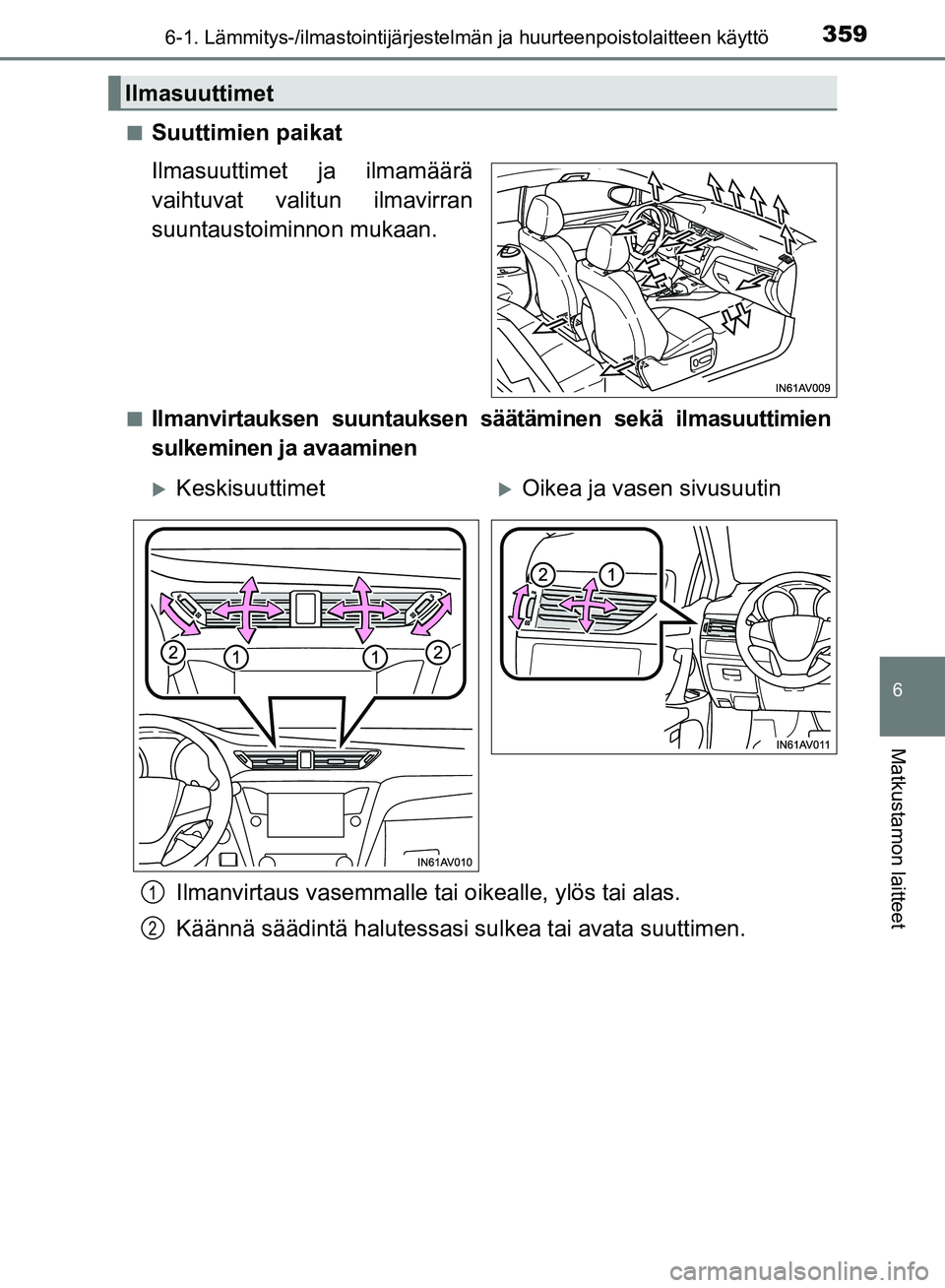 TOYOTA AVENSIS 2018  Omistajan Käsikirja (in Finnish) 3596-1. Lämmitys-/ilmastointijärjestelmän ja huurteenpoistolaitteen käyttö
OM20C79FI
6
Matkustamon laitteet
nSuuttimien paikat
Ilmasuuttimet ja ilmamäärä
vaihtuvat valitun ilmavirran
suuntaust