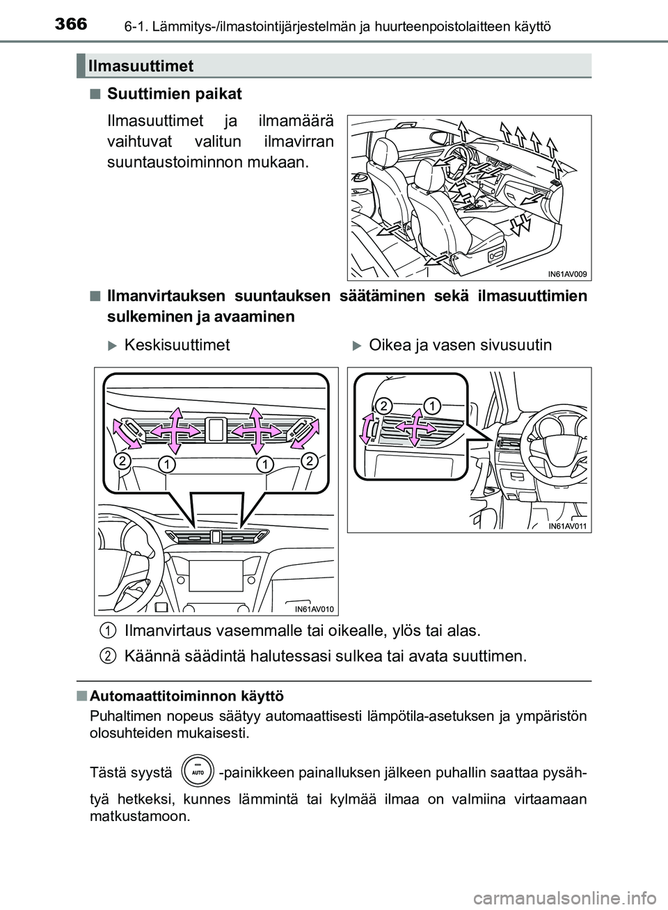 TOYOTA AVENSIS 2018  Omistajan Käsikirja (in Finnish) 3666-1. Lämmitys-/ilmastointijärjestelmän ja huurteenpoistolaitteen käyttö
OM20C79FIn
Suuttimien paikat
Ilmasuuttimet ja ilmamäärä
vaihtuvat valitun ilmavirran
suuntaustoiminnon mukaan.
nIlman