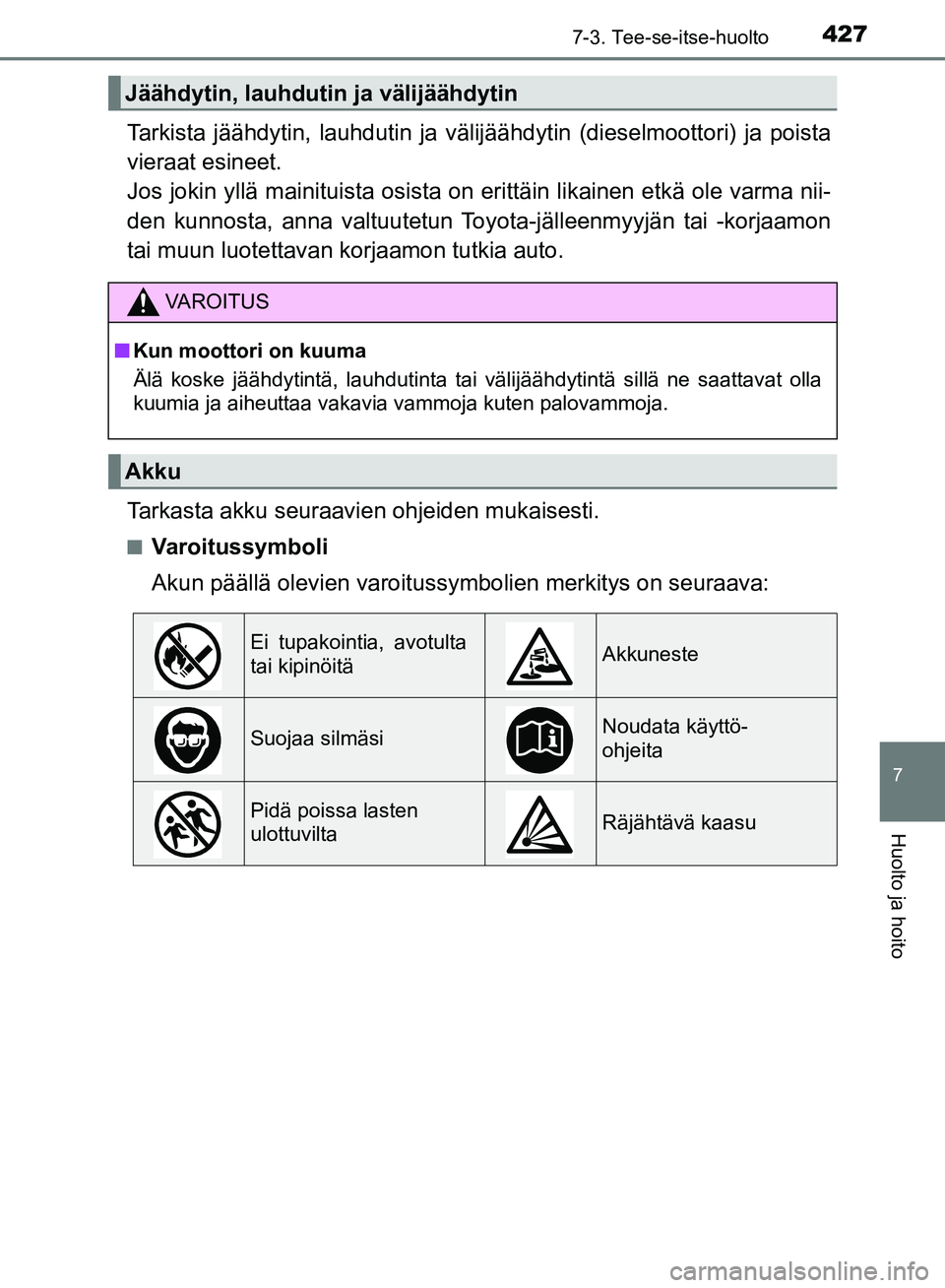 TOYOTA AVENSIS 2018  Omistajan Käsikirja (in Finnish) 4277-3. Tee-se-itse-huolto
OM20C79FI
7
Huolto ja hoito
Tarkista jäähdytin, lauhdutin ja välijäähdytin (dieselmoottori) ja poista
vieraat esineet. 
Jos jokin yllä mainituista osista on er ittäin