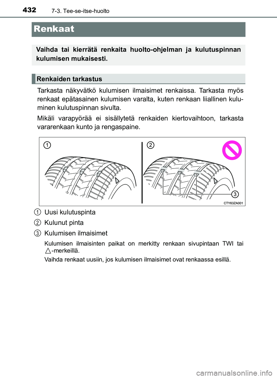 TOYOTA AVENSIS 2018  Omistajan Käsikirja (in Finnish) 4327-3. Tee-se-itse-huolto
OM20C79FI
Renkaat
Tarkasta näkyvätkö kulumisen ilmaisimet renkaissa. Tarkasta myös
renkaat epätasainen kulumi sen varalta, kuten renkaan liiallinen kulu-
minen kulutusp