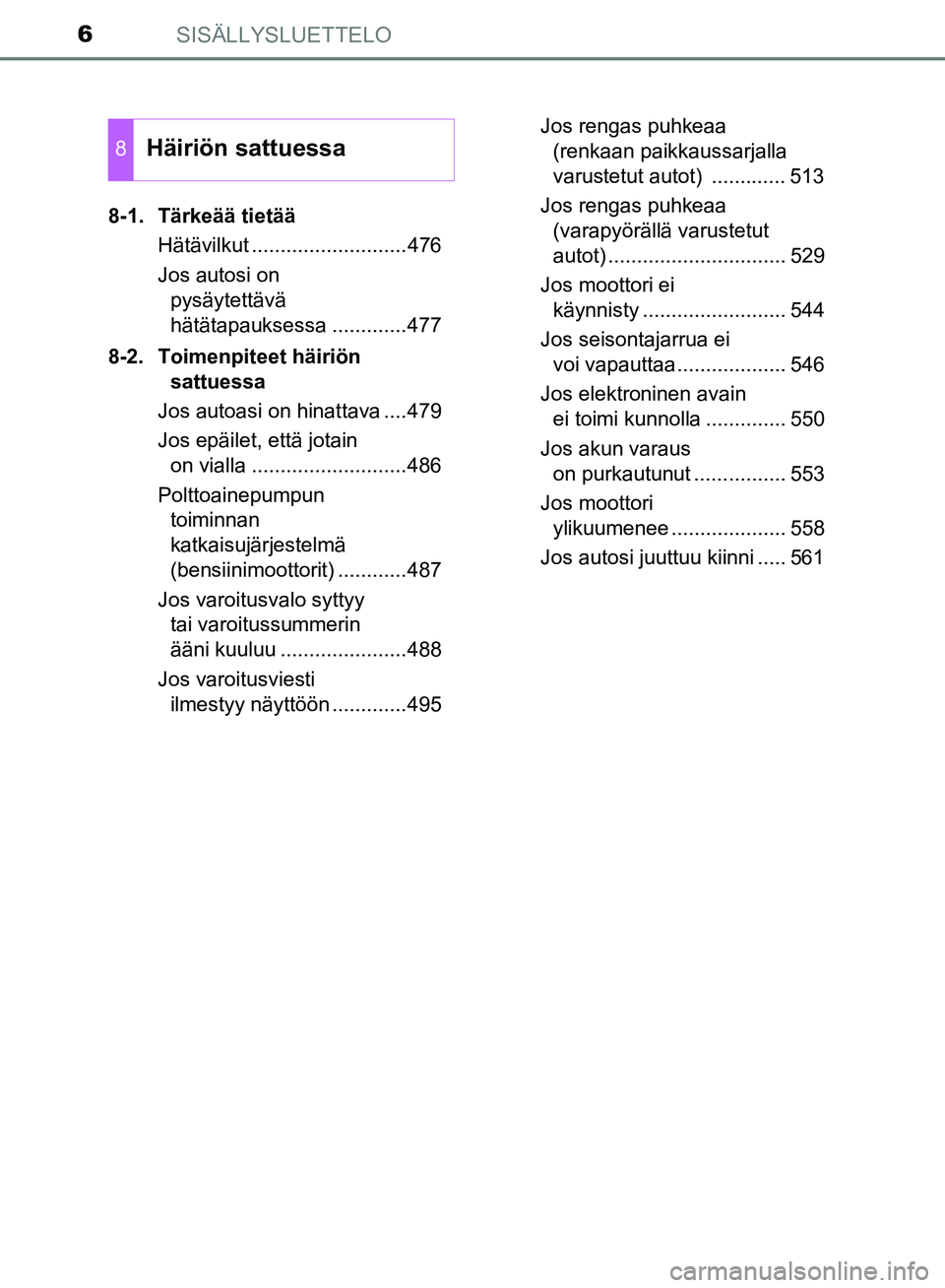 TOYOTA AVENSIS 2018 Omistajan Käsikirja (in Finnish) SISÄLLYSLUETTELO6
OM20C79FI8-1. Tärkeää tietää
Hätävilkut ...........................476
Jos autosi on pysäytettävä
hätätapauksessa .............477
8-2. Toimenpiteet häiriön sattuess TOYOTA AVENSIS 2018 Omistajan Käsikirja (in Finnish) SISÄLLYSLUETTELO6
OM20C79FI8-1. Tärkeää tietää
Hätävilkut ...........................476
Jos autosi on pysäytettävä
hätätapauksessa .............477
8-2. Toimenpiteet häiriön sattuess