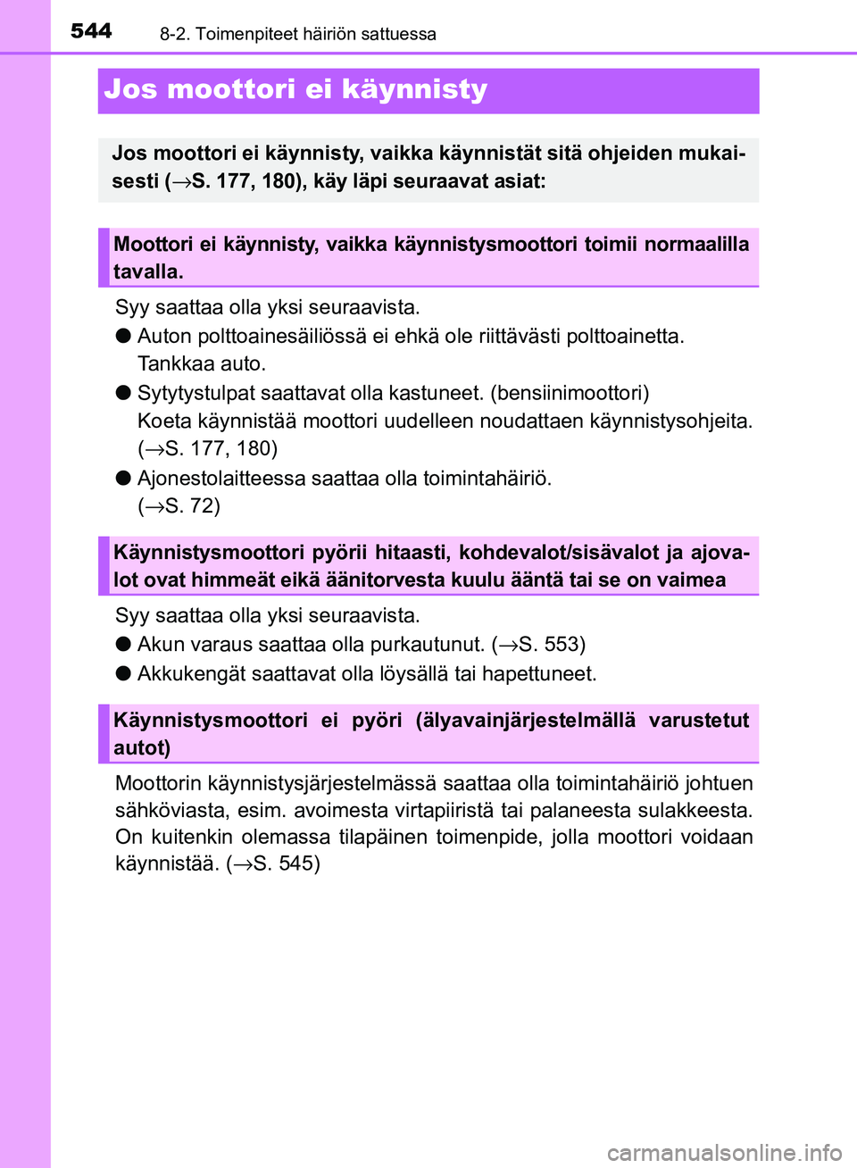 TOYOTA AVENSIS 2018 Omistajan Käsikirja (in Finnish) 5448-2. Toimenpiteet häiriön sattuessa
OM20C79FI
Jos moottori ei käynnisty
Syy saattaa olla yksi seuraavista.
lAuton polttoainesäiliössä ei ehkä ole riittäväst i polttoainetta.
Tankkaa auto.
TOYOTA AVENSIS 2018 Omistajan Käsikirja (in Finnish) 5448-2. Toimenpiteet häiriön sattuessa
OM20C79FI
Jos moottori ei käynnisty
Syy saattaa olla yksi seuraavista.
lAuton polttoainesäiliössä ei ehkä ole riittäväst i polttoainetta.
Tankkaa auto.