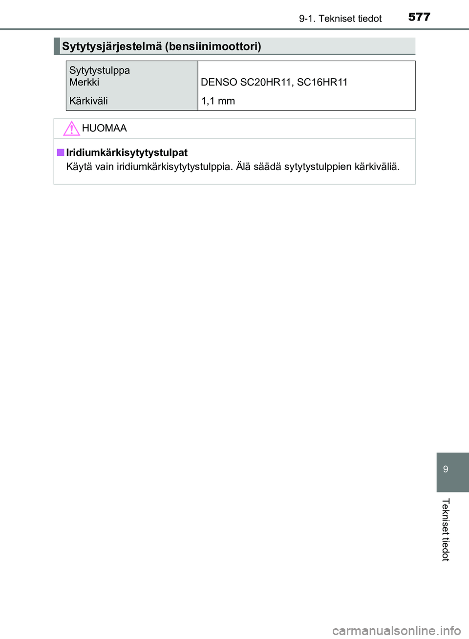 TOYOTA AVENSIS 2018  Omistajan Käsikirja (in Finnish) 5779-1. Tekniset tiedot
OM20C79FI
9
Tekniset tiedot
Sytytysjärjestelmä (bensiinimoottori)
Sytytystulppa
Merkki DENSO SC20HR11, SC16HR11
Kärkiväli1,1 mm
HUOMAA
nIridiumkärkisytytystulpat
Käytä v
