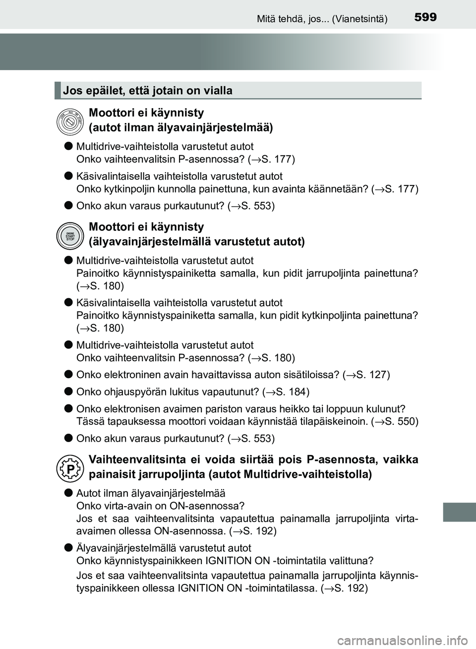 TOYOTA AVENSIS 2018 Omistajan Käsikirja (in Finnish) 599Mitä tehdä, jos... (Vianetsintä)
OM20C79FI
lMultidrive-vaihteistolla varustetut autot
Onko vaihteenvalitsin P-asennossa? ( →S. 177)
lKäsivalintaisella vaihteistolla varustetut autot
Onko kytk TOYOTA AVENSIS 2018 Omistajan Käsikirja (in Finnish) 599Mitä tehdä, jos... (Vianetsintä)
OM20C79FI
lMultidrive-vaihteistolla varustetut autot
Onko vaihteenvalitsin P-asennossa? ( →S. 177)
lKäsivalintaisella vaihteistolla varustetut autot
Onko kytk