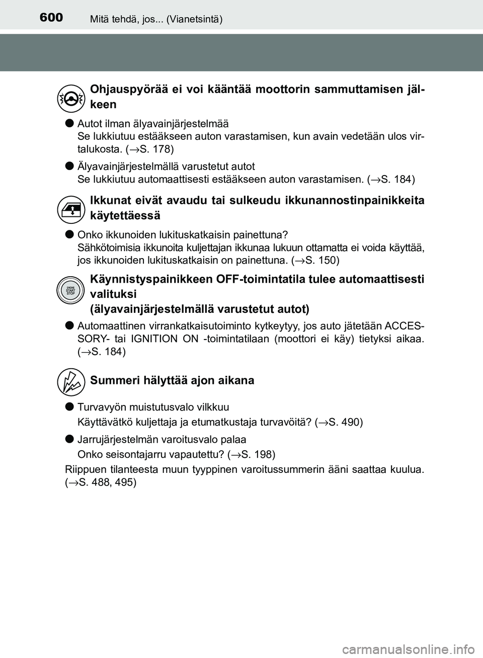TOYOTA AVENSIS 2018 Omistajan Käsikirja (in Finnish) 600Mitä tehdä, jos... (Vianetsintä)
OM20C79FI
lAutot ilman älyavainjärjestelmää
Se lukkiutuu estääkseen auton varastamisen, kun avain vedetään ulos vir-
talukosta. (→S. 178)
lÄlyavainj TOYOTA AVENSIS 2018 Omistajan Käsikirja (in Finnish) 600Mitä tehdä, jos... (Vianetsintä)
OM20C79FI
lAutot ilman älyavainjärjestelmää
Se lukkiutuu estääkseen auton varastamisen, kun avain vedetään ulos vir-
talukosta. (→S. 178)
lÄlyavainj