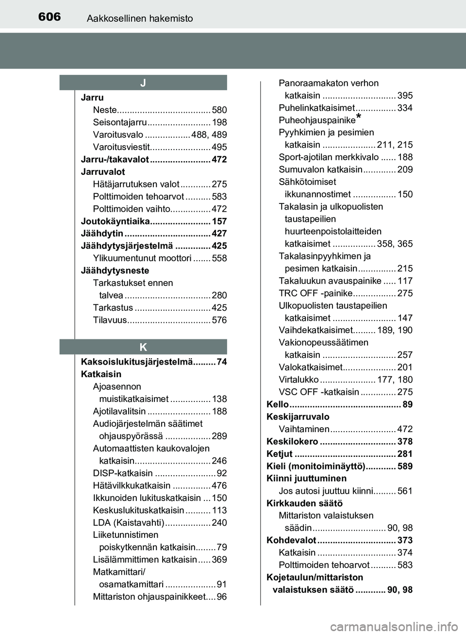 TOYOTA AVENSIS 2018 Omistajan Käsikirja (in Finnish) 606Aakkosellinen hakemisto
OM20C79FI
JarruNeste..................................... 580
Seisontajarru ......................... 198
Varoitusvalo .................. 488, 489
Varoitusviestit........... TOYOTA AVENSIS 2018 Omistajan Käsikirja (in Finnish) 606Aakkosellinen hakemisto
OM20C79FI
JarruNeste..................................... 580
Seisontajarru ......................... 198
Varoitusvalo .................. 488, 489
Varoitusviestit...........