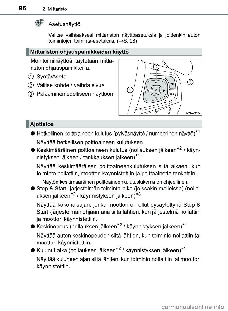 TOYOTA AVENSIS 2018 Omistajan Käsikirja (in Finnish) 962. Mittaristo
OM20C79FI
Asetusnäyttö
Valitse vaihtaaksesi mittariston näyttöasetuksia ja joidenkin auton
toimintojen toiminta-asetuksia. (→S. 98)
Monitoiminäyttöä käytetään mitta-
riston TOYOTA AVENSIS 2018 Omistajan Käsikirja (in Finnish) 962. Mittaristo
OM20C79FI
Asetusnäyttö
Valitse vaihtaaksesi mittariston näyttöasetuksia ja joidenkin auton
toimintojen toiminta-asetuksia. (→S. 98)
Monitoiminäyttöä käytetään mitta-
riston