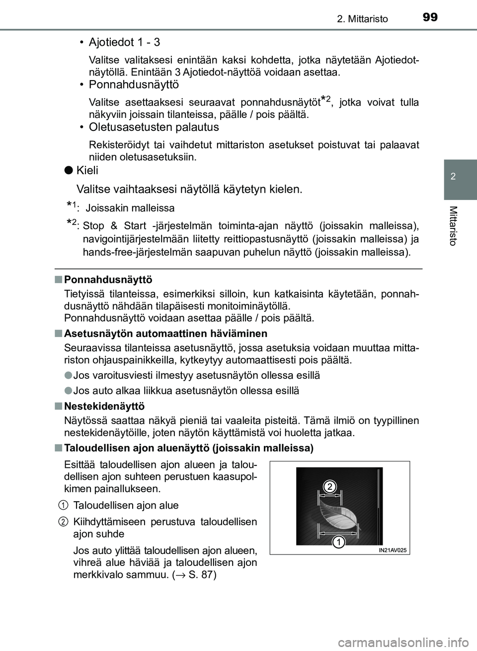 TOYOTA AVENSIS 2018 Omistajan Käsikirja (in Finnish) 992. Mittaristo
2
Mittaristo
OM20C79FI
• Ajotiedot 1 - 3
Valitse valitaksesi enintään kaksi kohdetta, jotka näytetään Ajotiedot-
näytöllä. Enintään 3 Ajotiedot-näyttöä voidaan asettaa.
TOYOTA AVENSIS 2018 Omistajan Käsikirja (in Finnish) 992. Mittaristo
2
Mittaristo
OM20C79FI
• Ajotiedot 1 - 3
Valitse valitaksesi enintään kaksi kohdetta, jotka näytetään Ajotiedot-
näytöllä. Enintään 3 Ajotiedot-näyttöä voidaan asettaa.