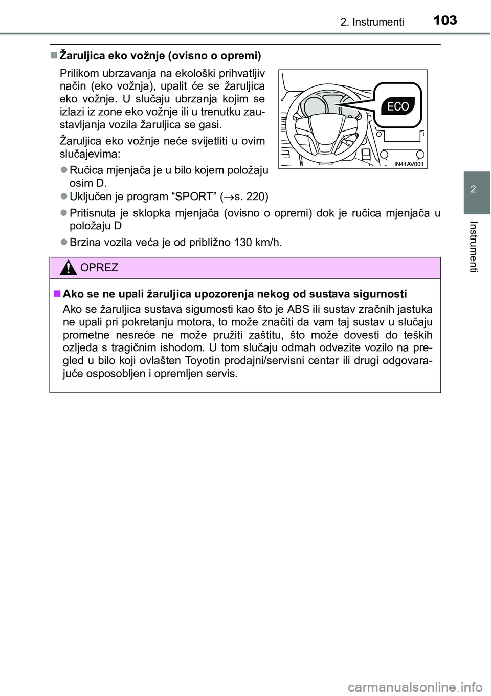 TOYOTA AVENSIS 2015 Upute Za Rukovanje (in Croatian) 1032. Instrumenti
2
Instrumenti
Žaruljica eko vožnje (ovisno o opremi)
Uključen je program “SPORT” (s. 220)
Pritisnuta je sklopka mjenjača (ovisno o opremi) dok je ručica mjenjač TOYOTA AVENSIS 2015 Upute Za Rukovanje (in Croatian) 1032. Instrumenti
2
Instrumenti
Žaruljica eko vožnje (ovisno o opremi)
Uključen je program “SPORT” (s. 220)
Pritisnuta je sklopka mjenjača (ovisno o opremi) dok je ručica mjenjač