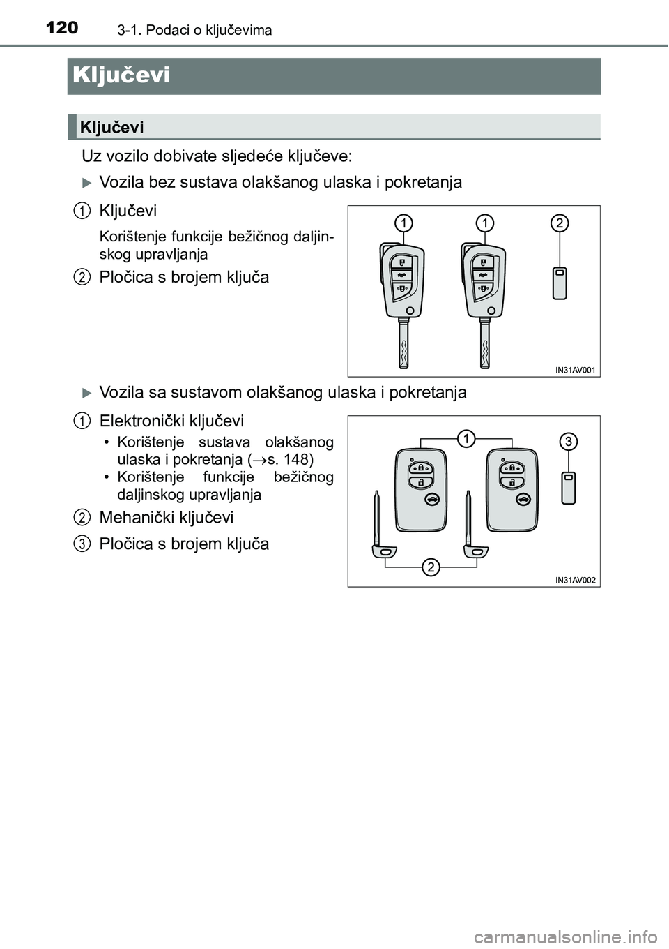 TOYOTA AVENSIS 2015  Upute Za Rukovanje (in Croatian) 1203-1. Podaci o ključevima
Ključevi
Uz vozilo dobivate sljedeće ključeve:
Vozila bez sustava olakšanog ulaska i pokretanja
Ključevi
Korištenje funkcije bežičnog daljin-
skog upravljanja
P