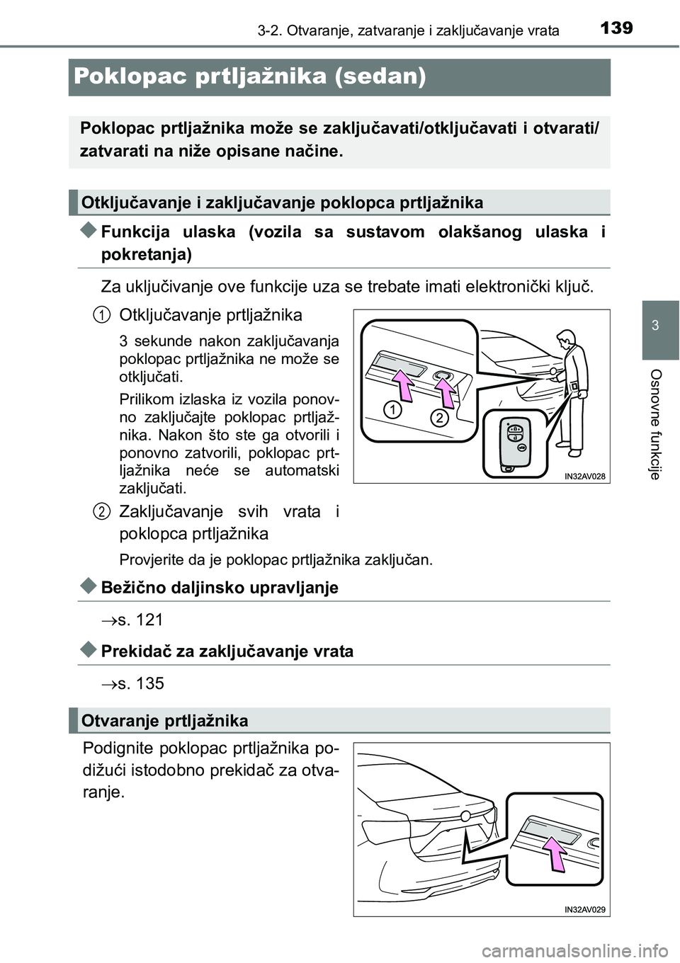 TOYOTA AVENSIS 2015  Upute Za Rukovanje (in Croatian) 139
3
3-2. Otvaranje, zatvaranje i zaključavanje vrata
Osnovne funkcije
Poklopac prtljažnika (sedan)
Funkcija ulaska (vozila sa sustavom olakšanog ulaska i
pokretanja)
Za uključivanje ove funkc