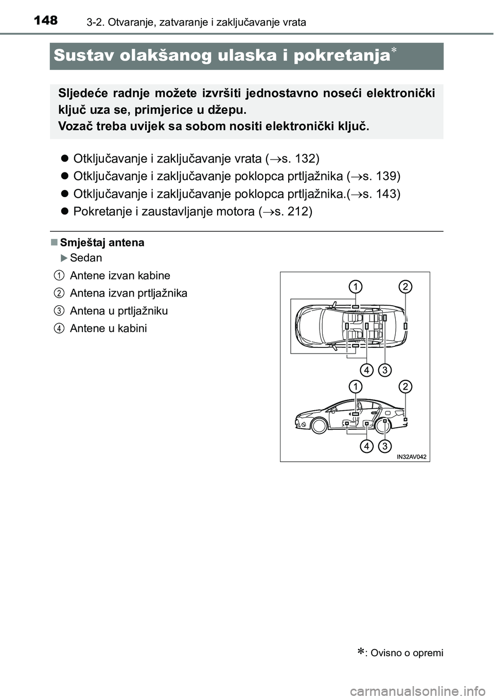 TOYOTA AVENSIS 2015  Upute Za Rukovanje (in Croatian) 1483-2. Otvaranje, zatvaranje i zaključavanje vrata
Sustav olakšanog ulaska i pokretanja
Otključavanje i zaključavanje vrata (s. 132)
Otključavanje i zaključavanje poklopca prtljažn